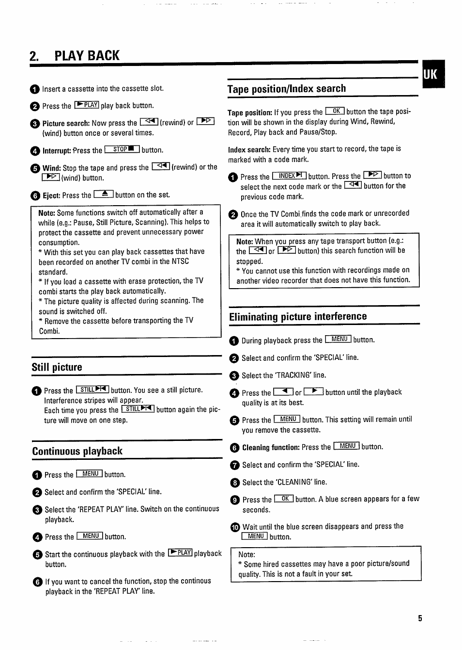 Play back, Still picture, Continuous playback | Tape position/index search, Menu | Philips 14PV182/39 User Manual | Page 9 / 16