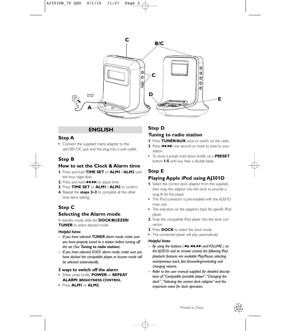 English | Philips AJ301DB/79 User Manual | Page 2 / 2