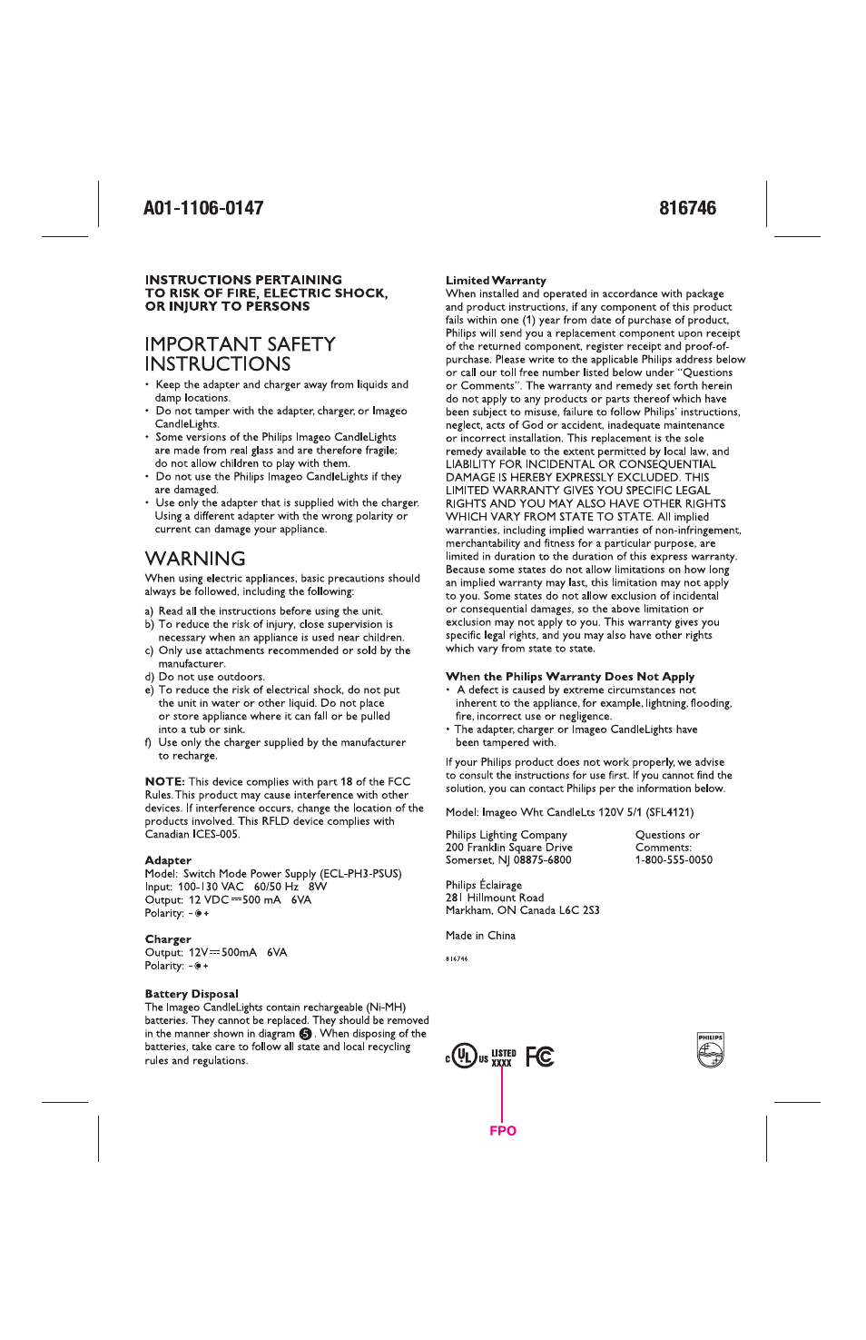 Important safety instructions, Warning | Philips A01-1106-0147 User Manual | Page 2 / 2