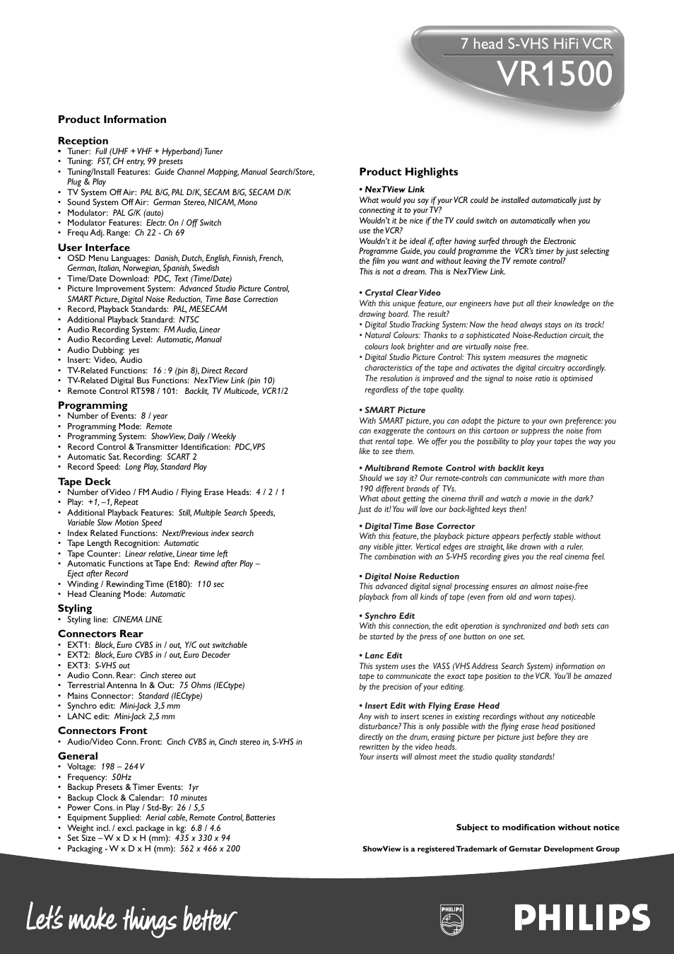 Vr1500, 7 head s-vhs hifi vcr | Philips VR1500 User Manual | Page 2 / 2