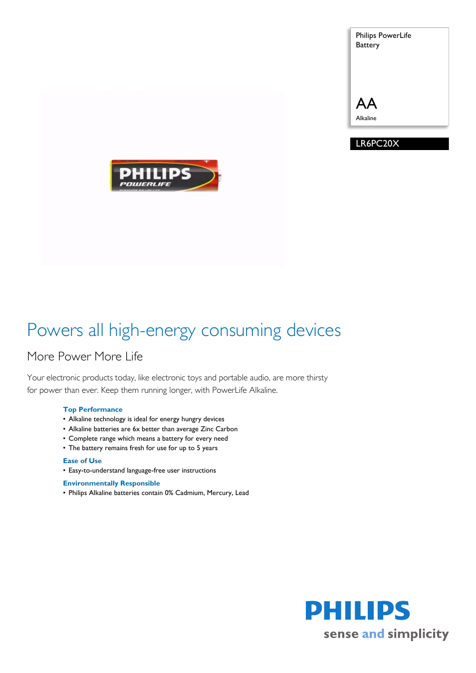 Philips Power Life LR6PC20X User Manual | 2 pages