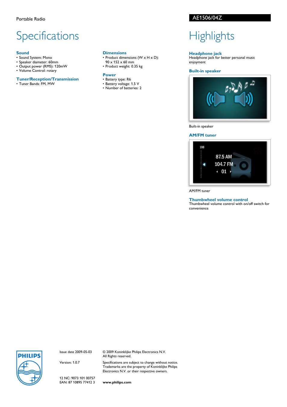 Specifications, Highlights | Philips AE1506/04Z User Manual | Page 2 / 2