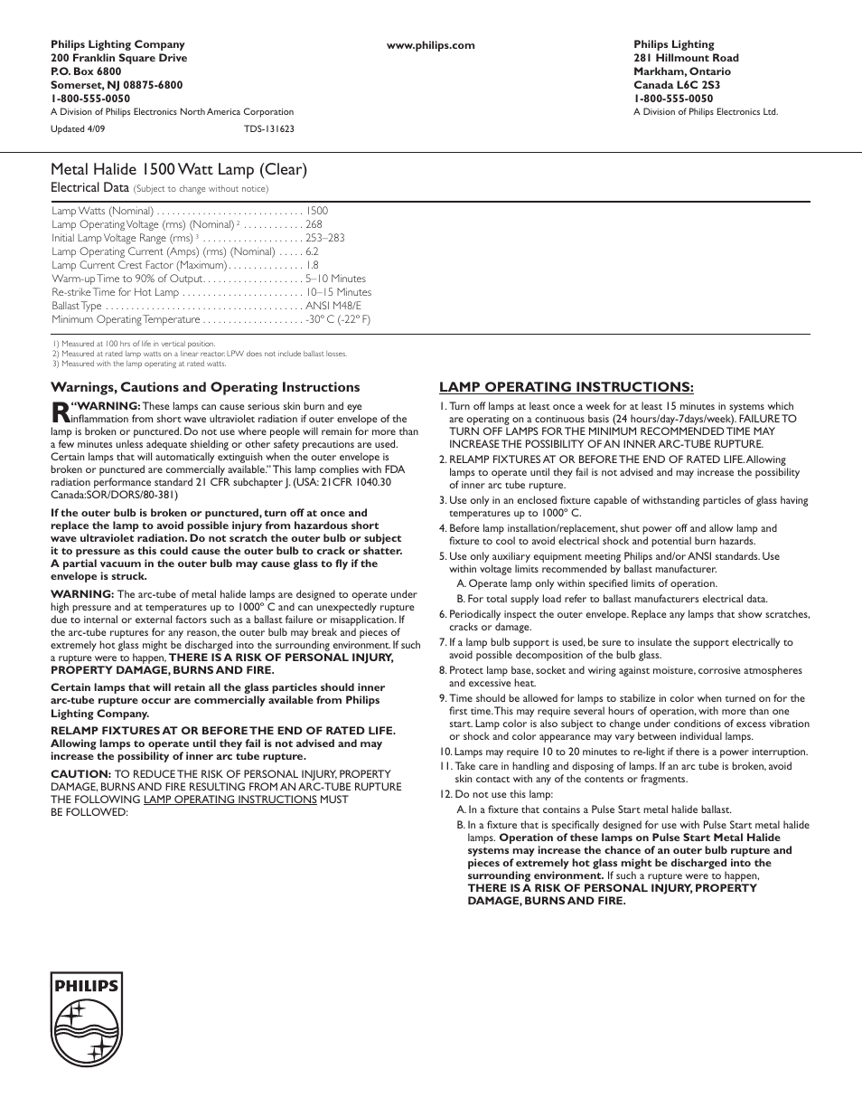 Metal halide 1500 watt lamp (clear) | Philips 131623 User Manual | Page 2 / 2