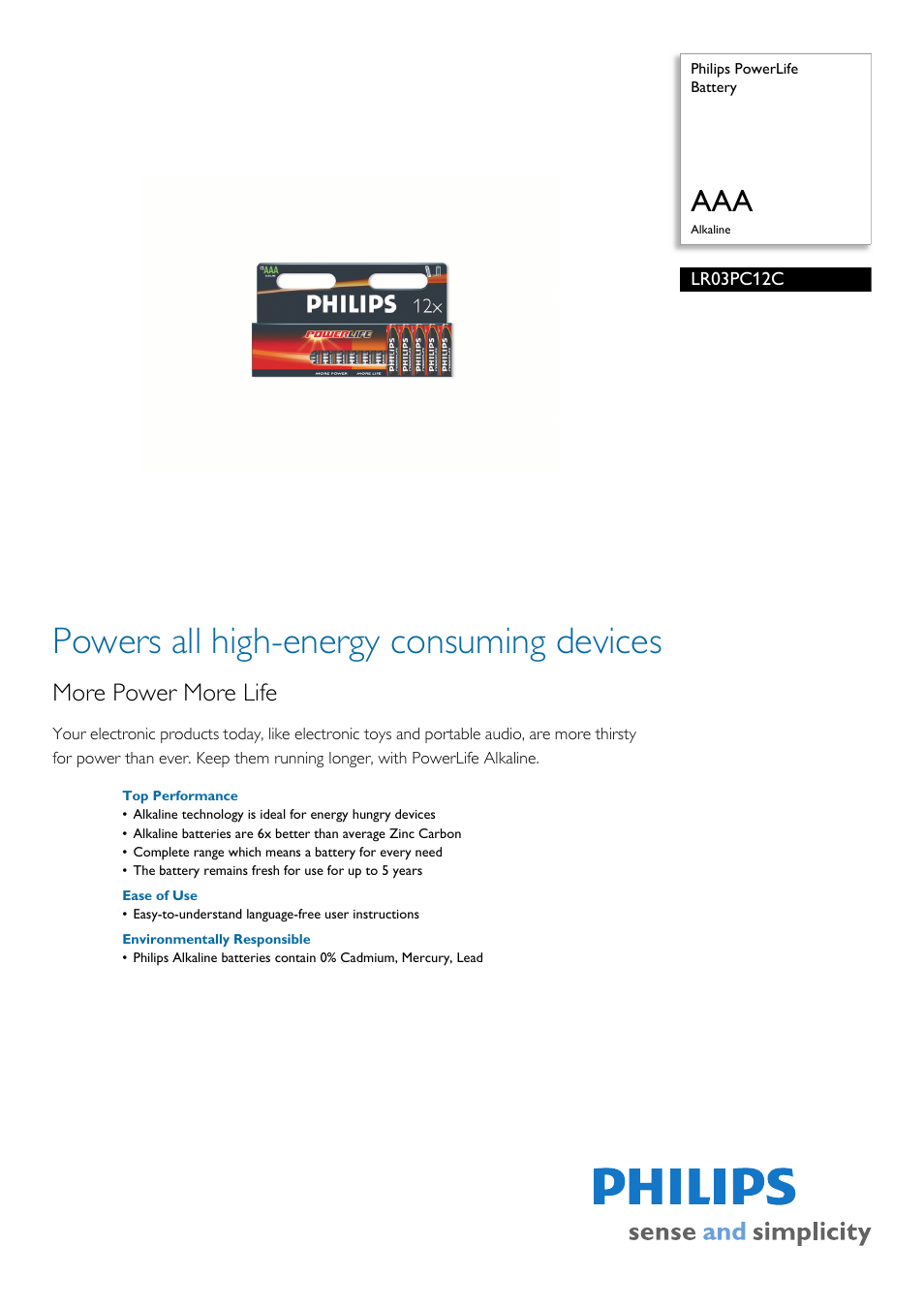 Philips Power Life LR03PC12C User Manual | 2 pages