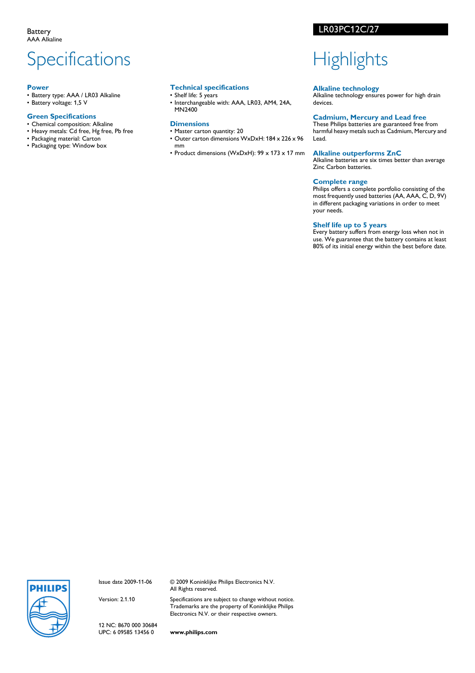 Specifications, Highlights | Philips Power Life LR03PC12C User Manual | Page 2 / 2