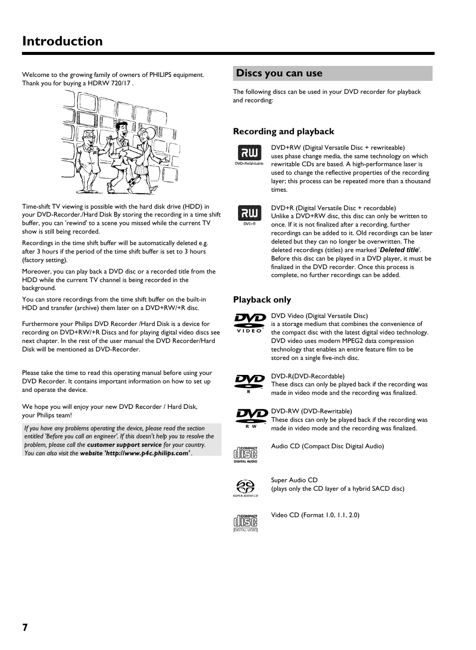 Discs you can use, Recording and playback, Playback only | Introduction | Philips HDRW 720/17 User Manual | Page 14 / 90