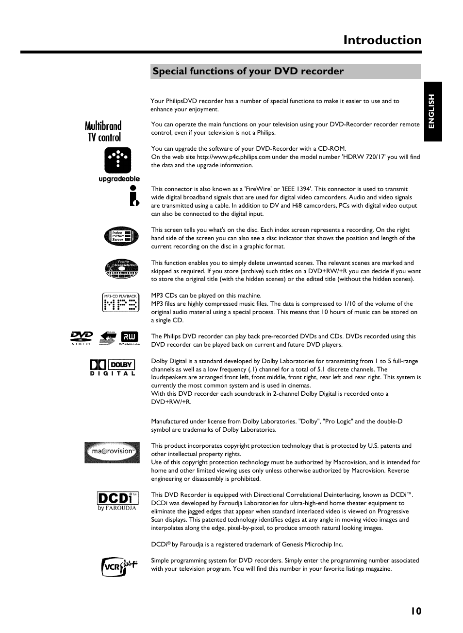 Special functions of your dvd recorder, Introduction, 10 special functions of your dvd recorder | Philips HDRW 720/17 User Manual | Page 17 / 90