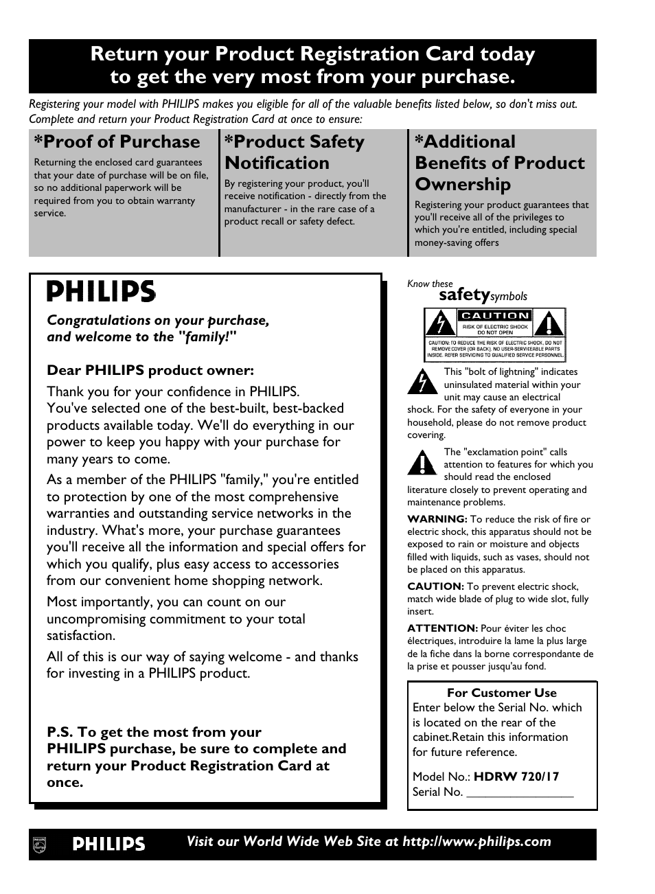 Proofofpurchase, Product safety notification, Additional benefits of product ownership | Safety | Philips HDRW 720/17 User Manual | Page 2 / 90