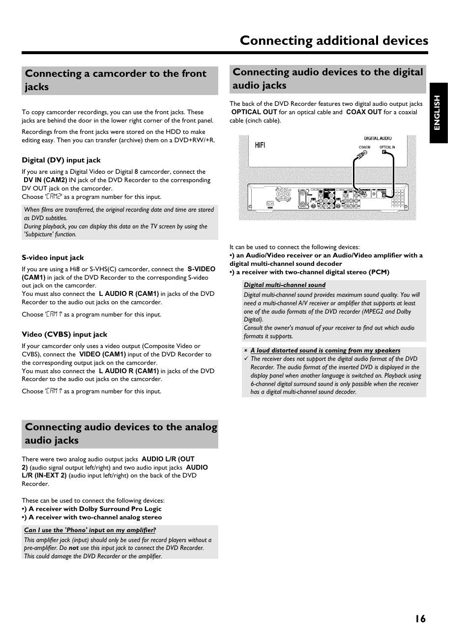 Connecting a camcorder to the front jacks, Connecting audio devices to the analog audio jacks, Connecting additional devices | 16 connecting a camcorder to the front jacks | Philips HDRW 720/17 User Manual | Page 23 / 90