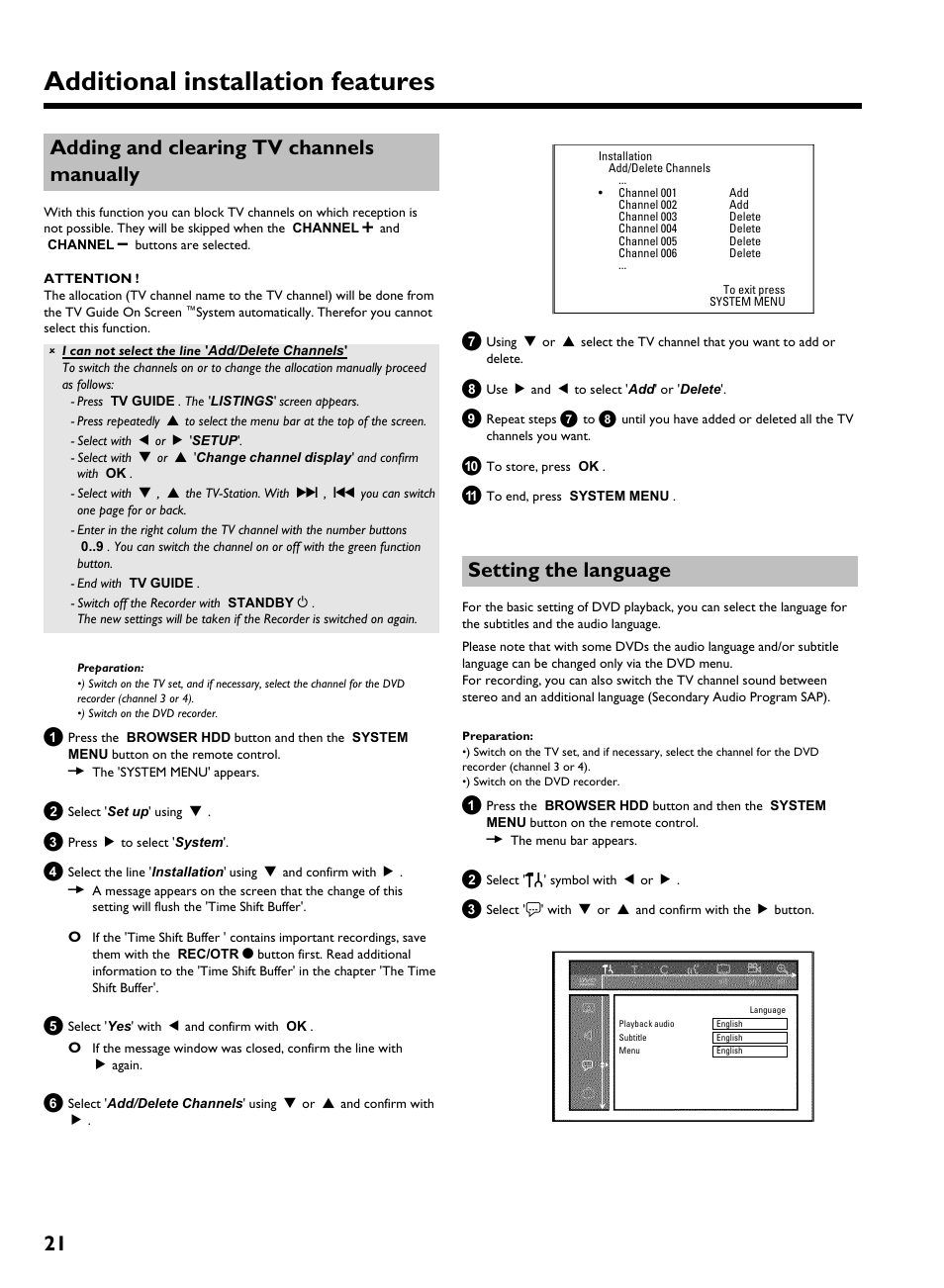 Adding and clearing tv channels manually, Setting the language, Additional installation features | 21 adding and clearing tv channels manually | Philips HDRW 720/17 User Manual | Page 28 / 90