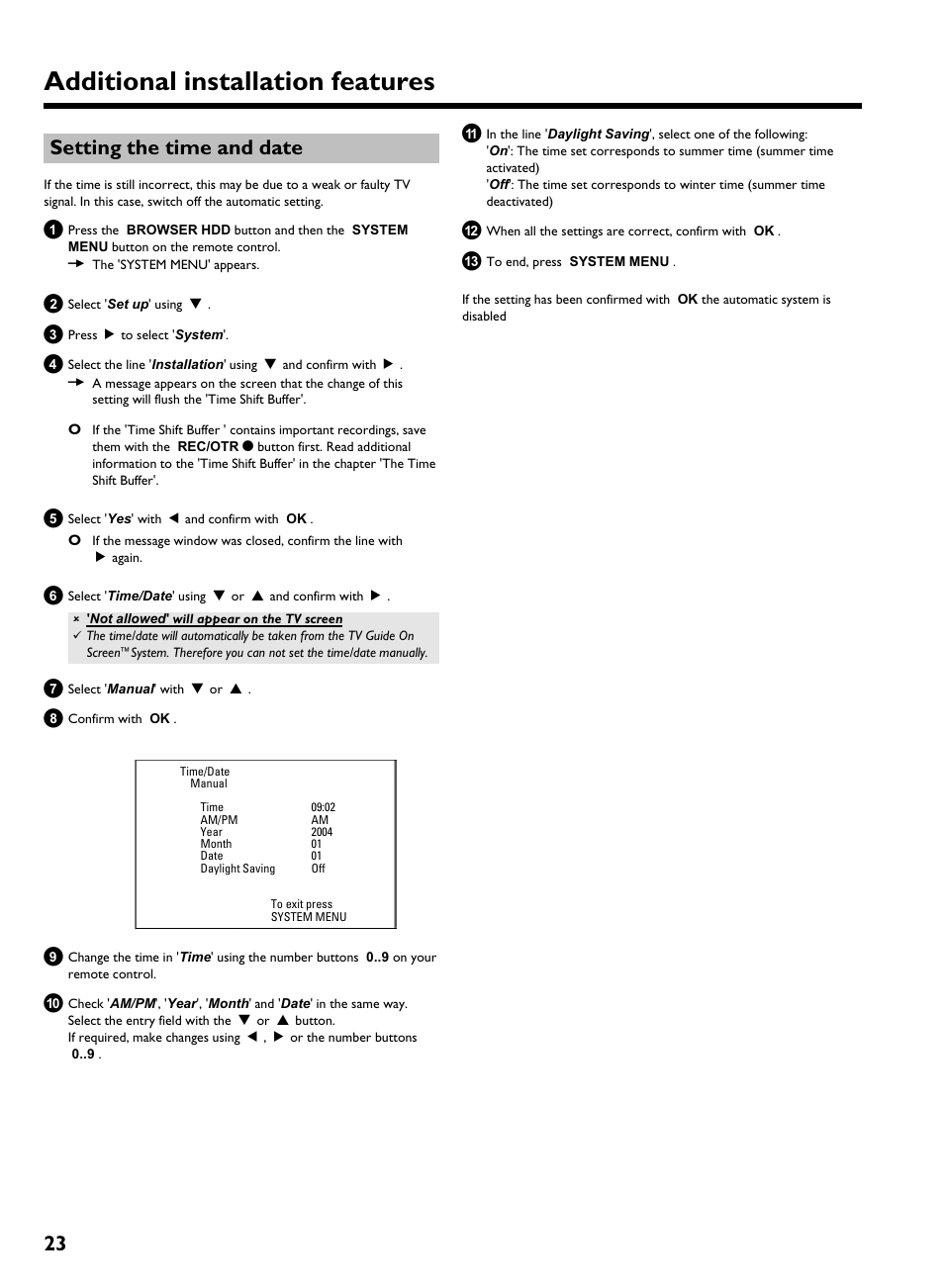 Setting the time and date, Additional installation features, 23 setting the time and date | Philips HDRW 720/17 User Manual | Page 30 / 90