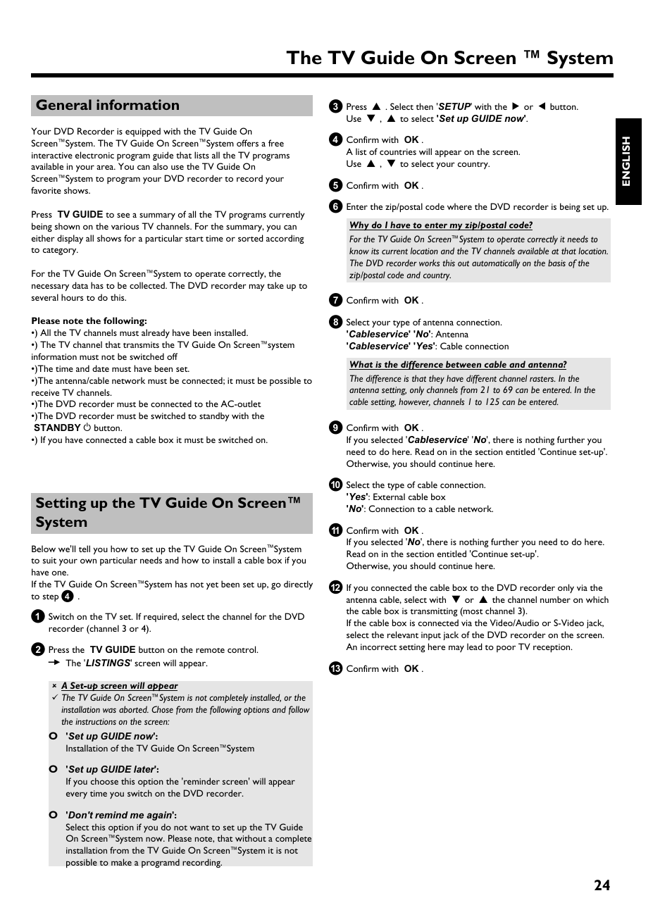 General information, Setting up the tv guide on screen system, The tv guide on screen ™ system | 24 general information, Setting up the tv guide on screen™ system | Philips HDRW 720/17 User Manual | Page 31 / 90