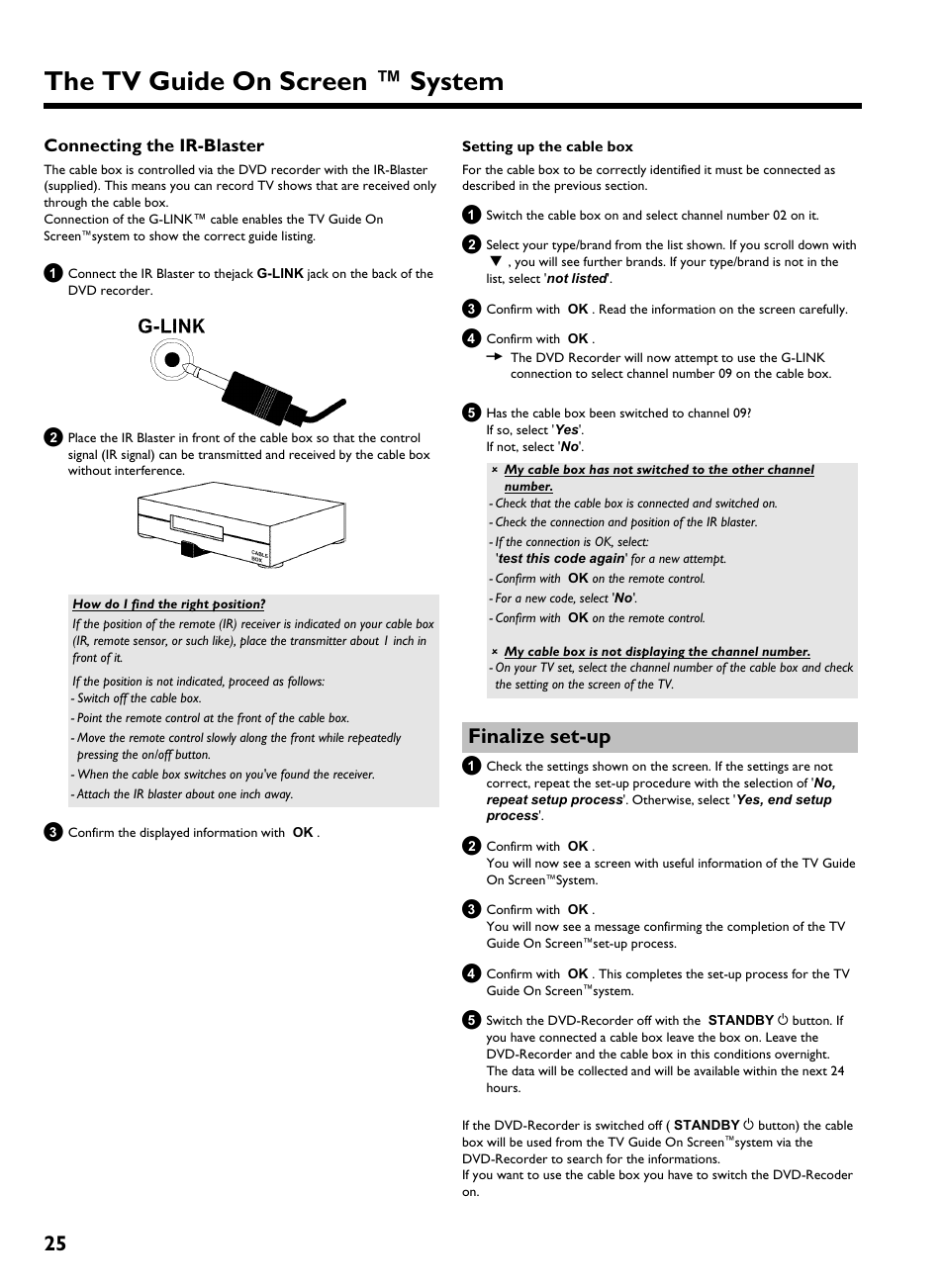 Connecting the ir-blaster, Finalize set-up, The tv guide on screen ™ system | Finalize set up, Connecting the ir blaster | Philips HDRW 720/17 User Manual | Page 32 / 90