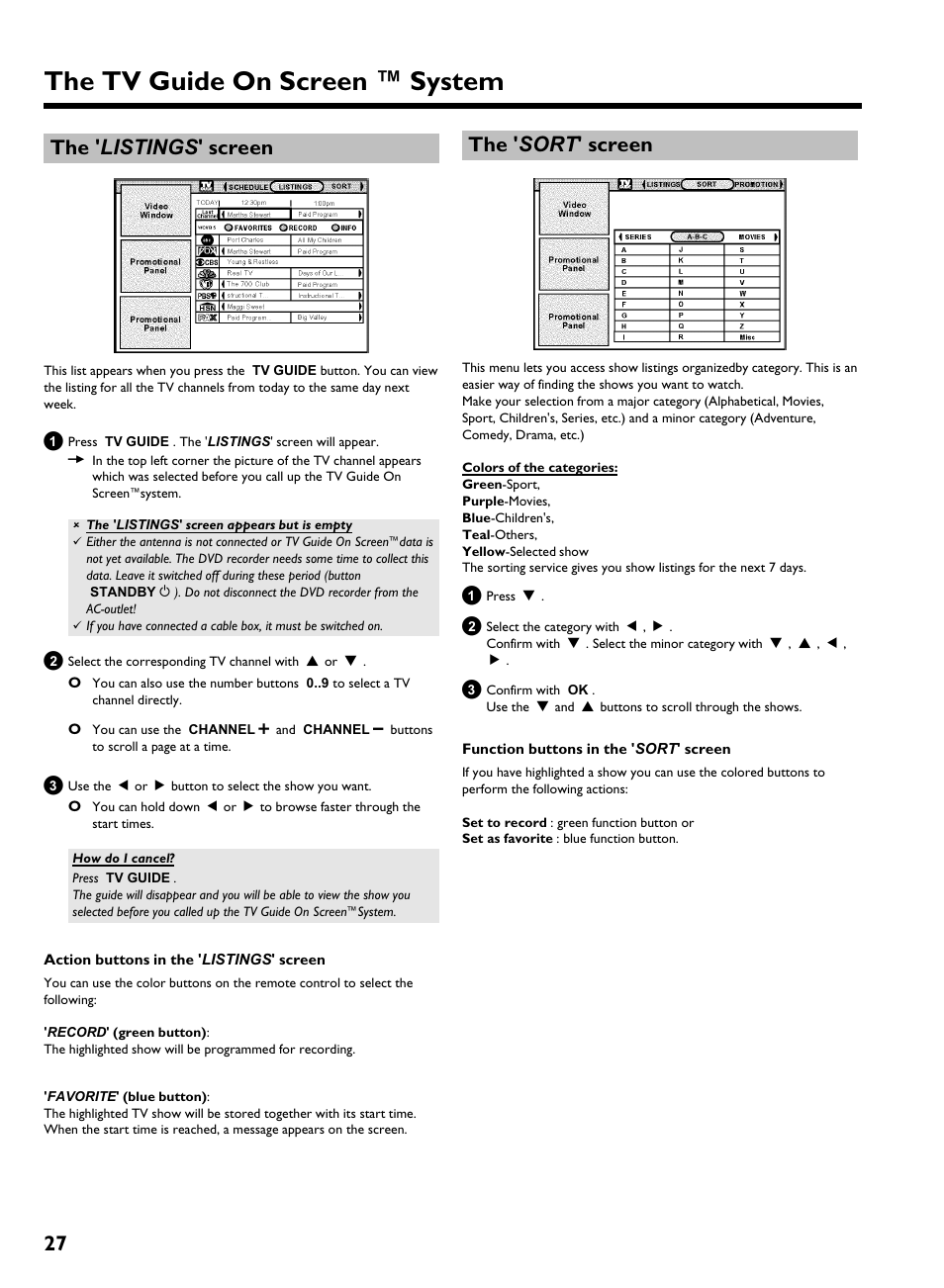 The ' listings ' screen, The ' sort ' screen, The tv guide on screen ™ system | 27 the ' listings ' screen | Philips HDRW 720/17 User Manual | Page 34 / 90