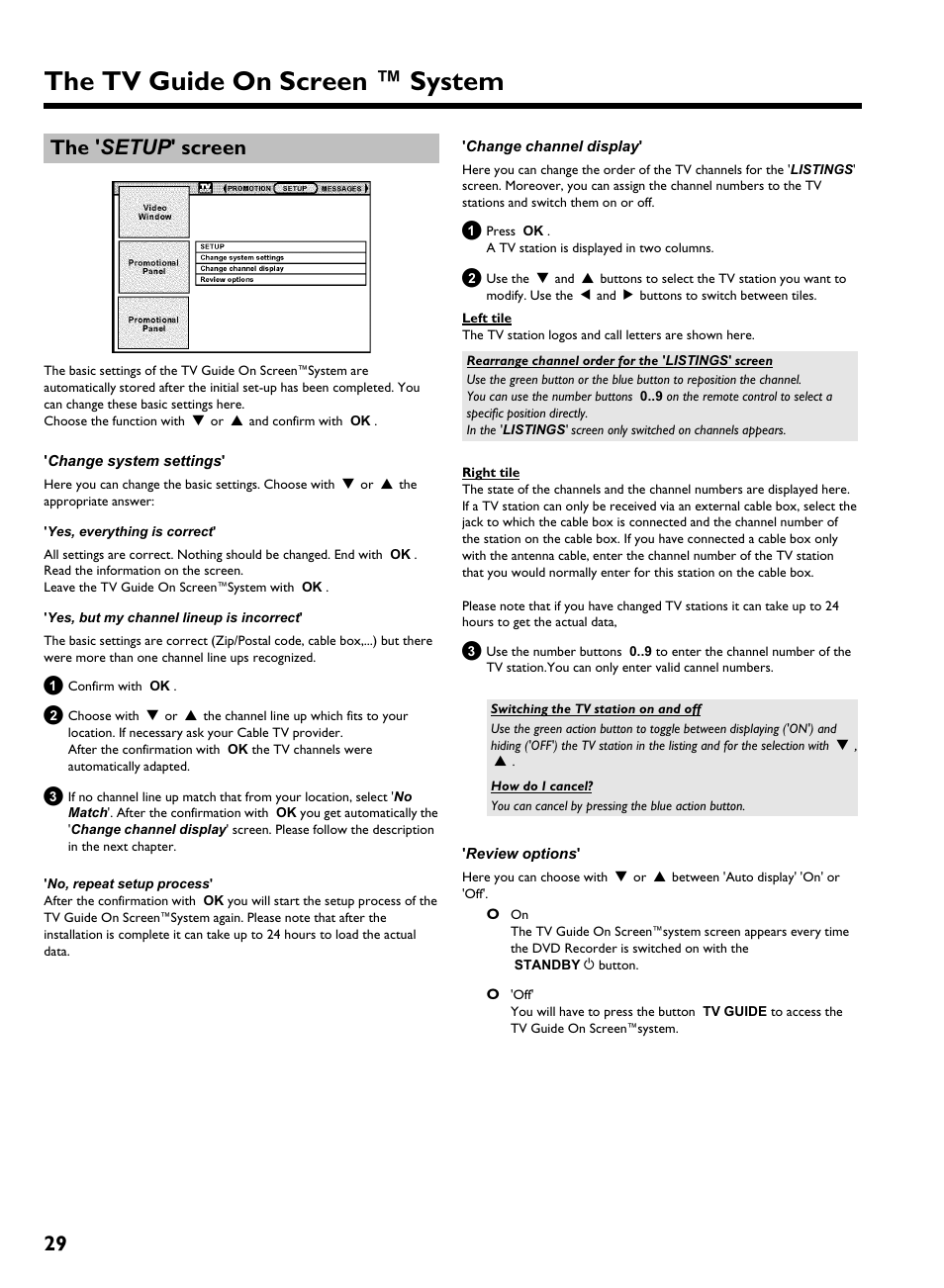 The ' setup ' screen, The tv guide on screen ™ system, 29 the ' setup ' screen | Philips HDRW 720/17 User Manual | Page 36 / 90