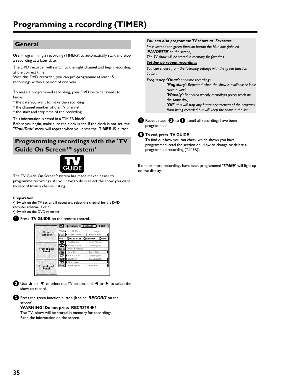 General, Programming a recording (timer), 35 general | Philips HDRW 720/17 User Manual | Page 42 / 90