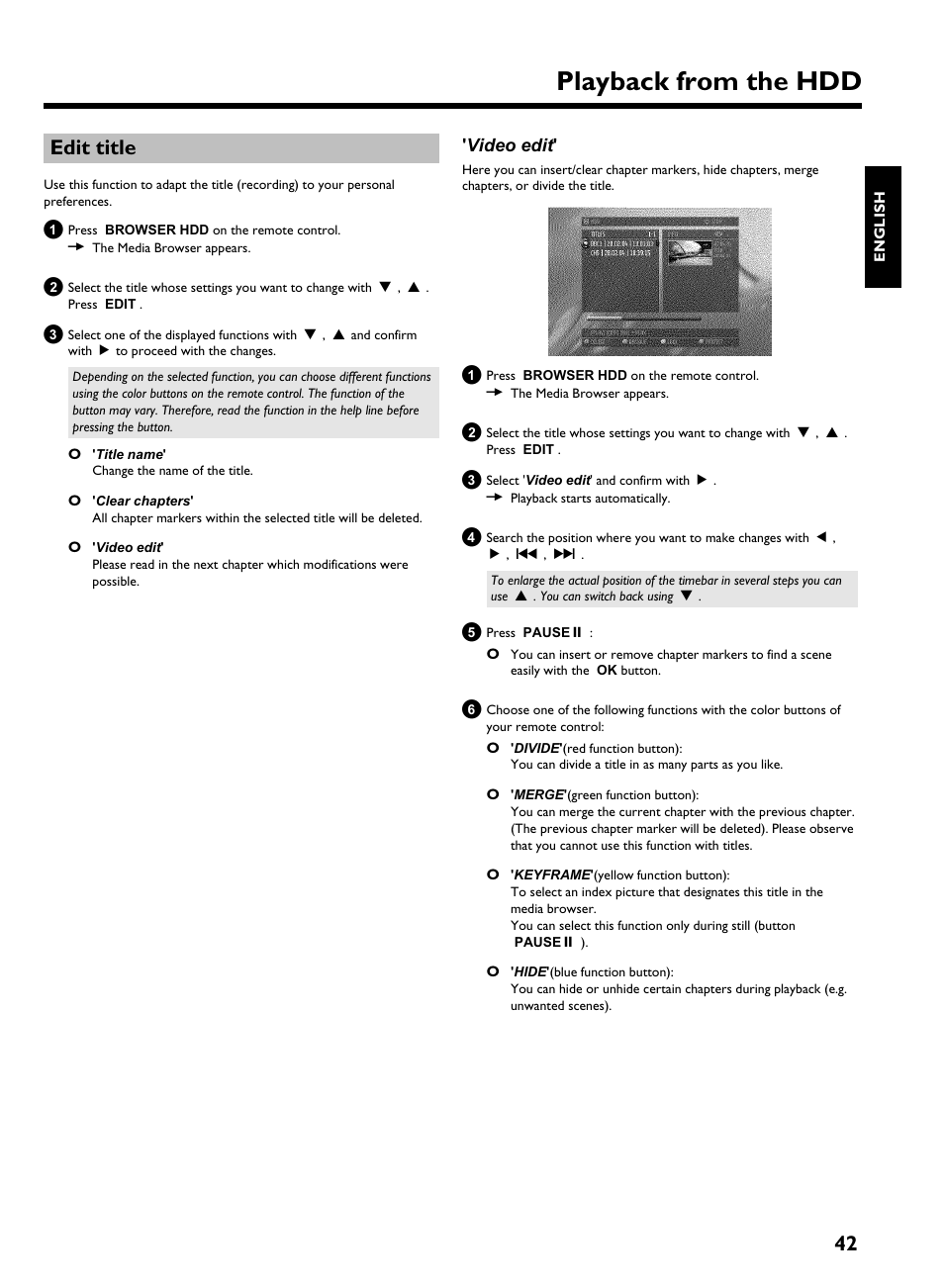 Edit title, Video edit, Playback from the hdd | 42 edit title | Philips HDRW 720/17 User Manual | Page 49 / 90