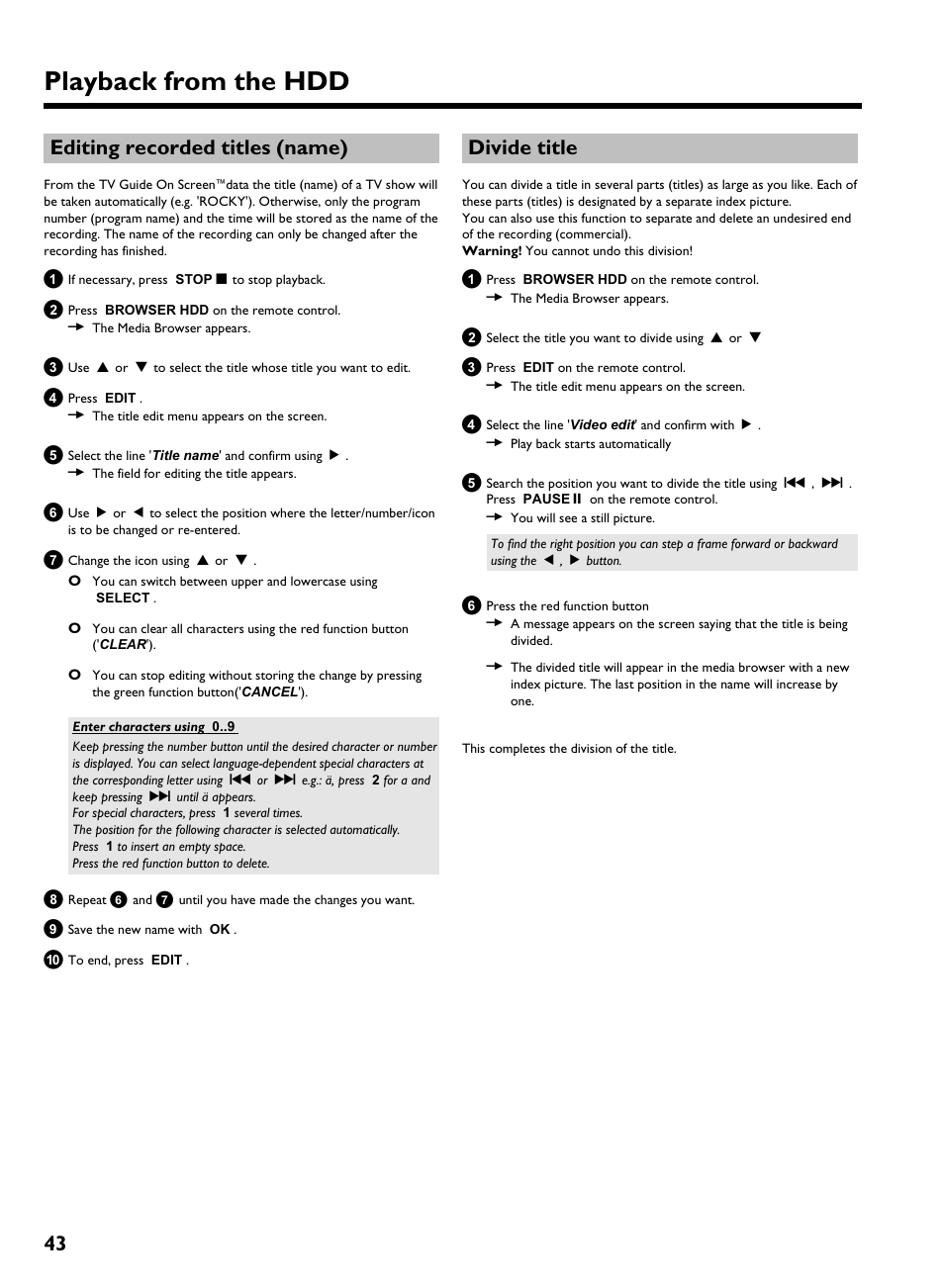 Editing recorded titles (name), Divide title, Playback from the hdd | 43 editing recorded titles (name) | Philips HDRW 720/17 User Manual | Page 50 / 90