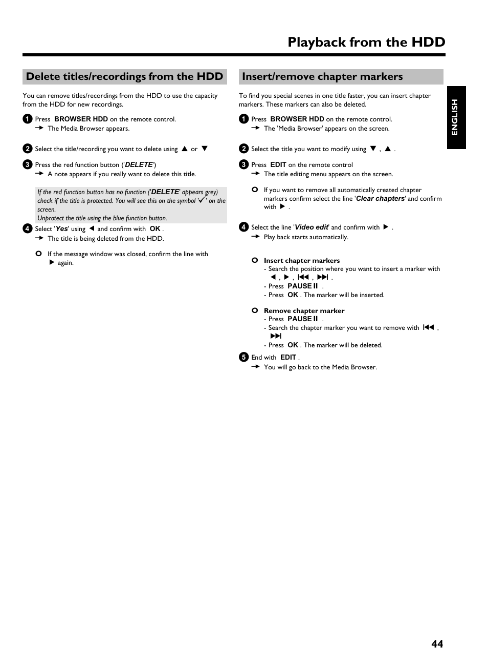 Delete titles/recordings from the hdd, Insert/remove chapter markers, Playback from the hdd | 44 delete titles/recordings from the hdd | Philips HDRW 720/17 User Manual | Page 51 / 90