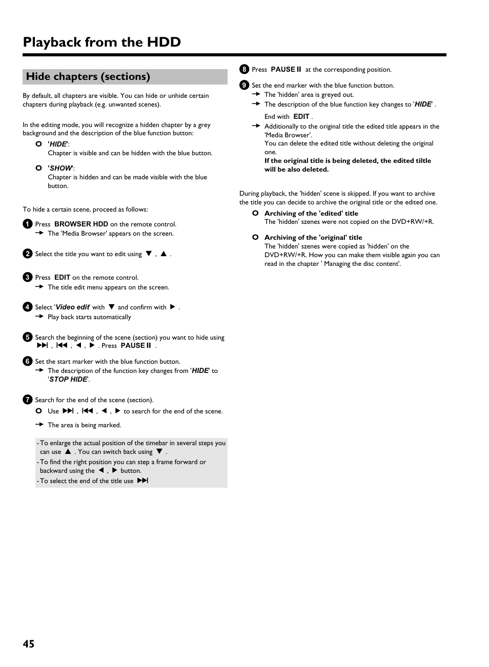 Hide chapters (sections), Playback from the hdd | Philips HDRW 720/17 User Manual | Page 52 / 90