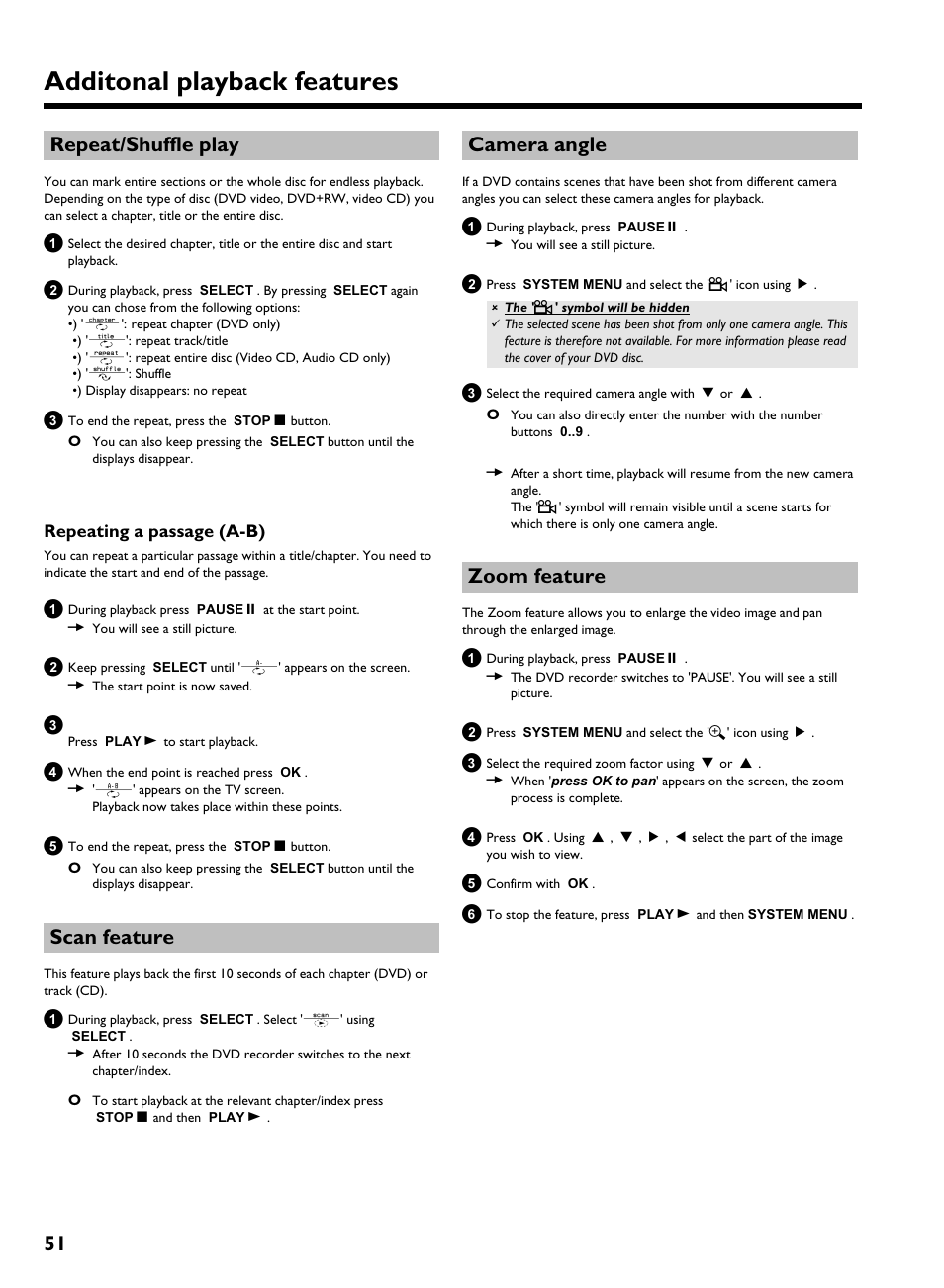 Repeating a passage (a-b), Scan feature, Camera angle | Zoom feature, Additonal playback features, 51 repeat/shuffle play | Philips HDRW 720/17 User Manual | Page 58 / 90