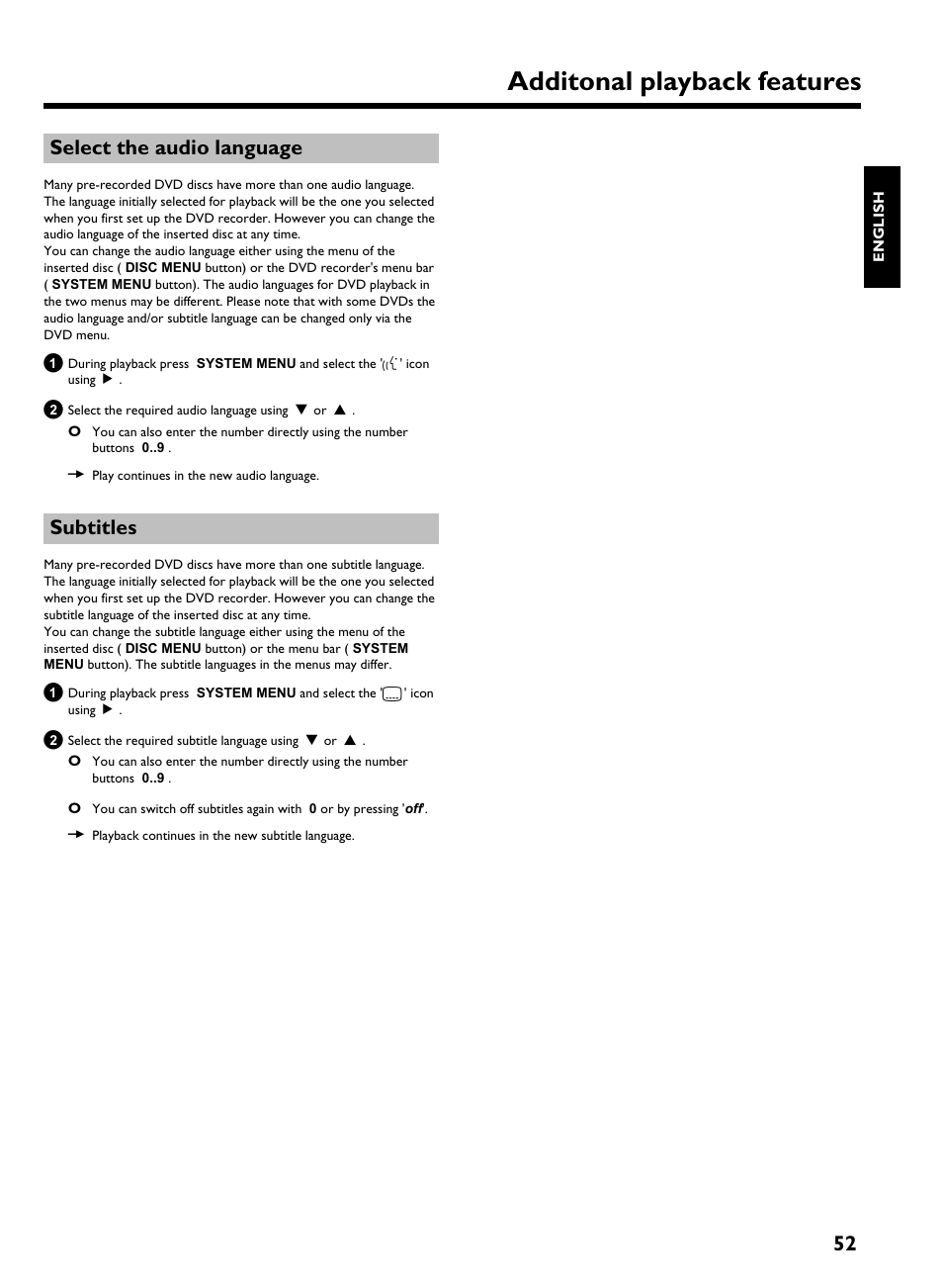 Select the audio language, Subtitles, Additonal playback features | 52 select the audio language | Philips HDRW 720/17 User Manual | Page 59 / 90