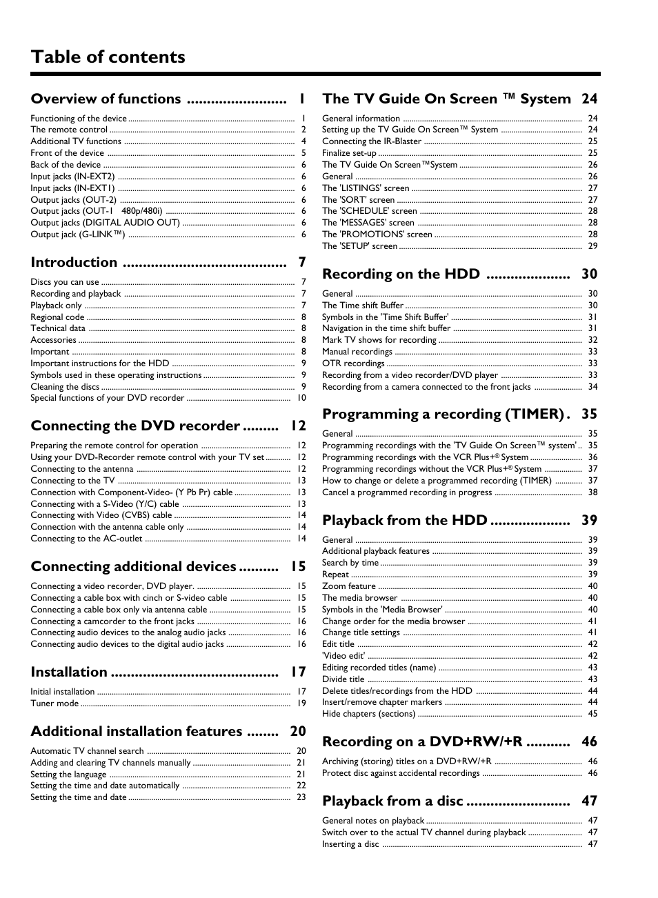 Table ofcontents, Overview offunctions 1, Introduction 7 | Connecting the dvd recorder 12, Connecting additional devices 15, Installation 17, Additional installation features 20, The tv guide on screen ™ system 24, Recording on the hdd 30, Programming a recording (timer) 35 | Philips HDRW 720/17 User Manual | Page 6 / 90