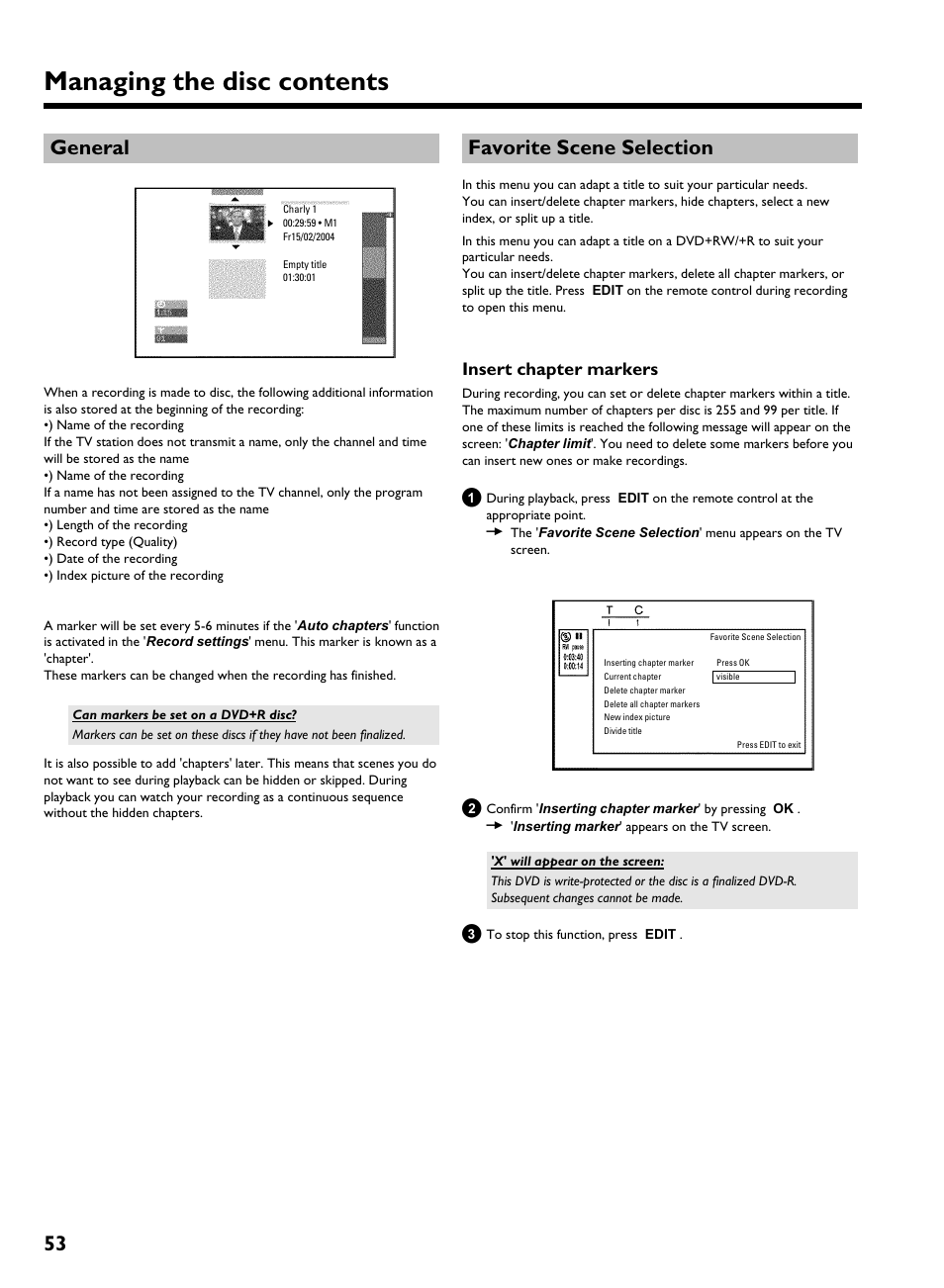 General, Favorite scene selection, Insert chapter markers | Managing the disc contents, 53 general | Philips HDRW 720/17 User Manual | Page 60 / 90