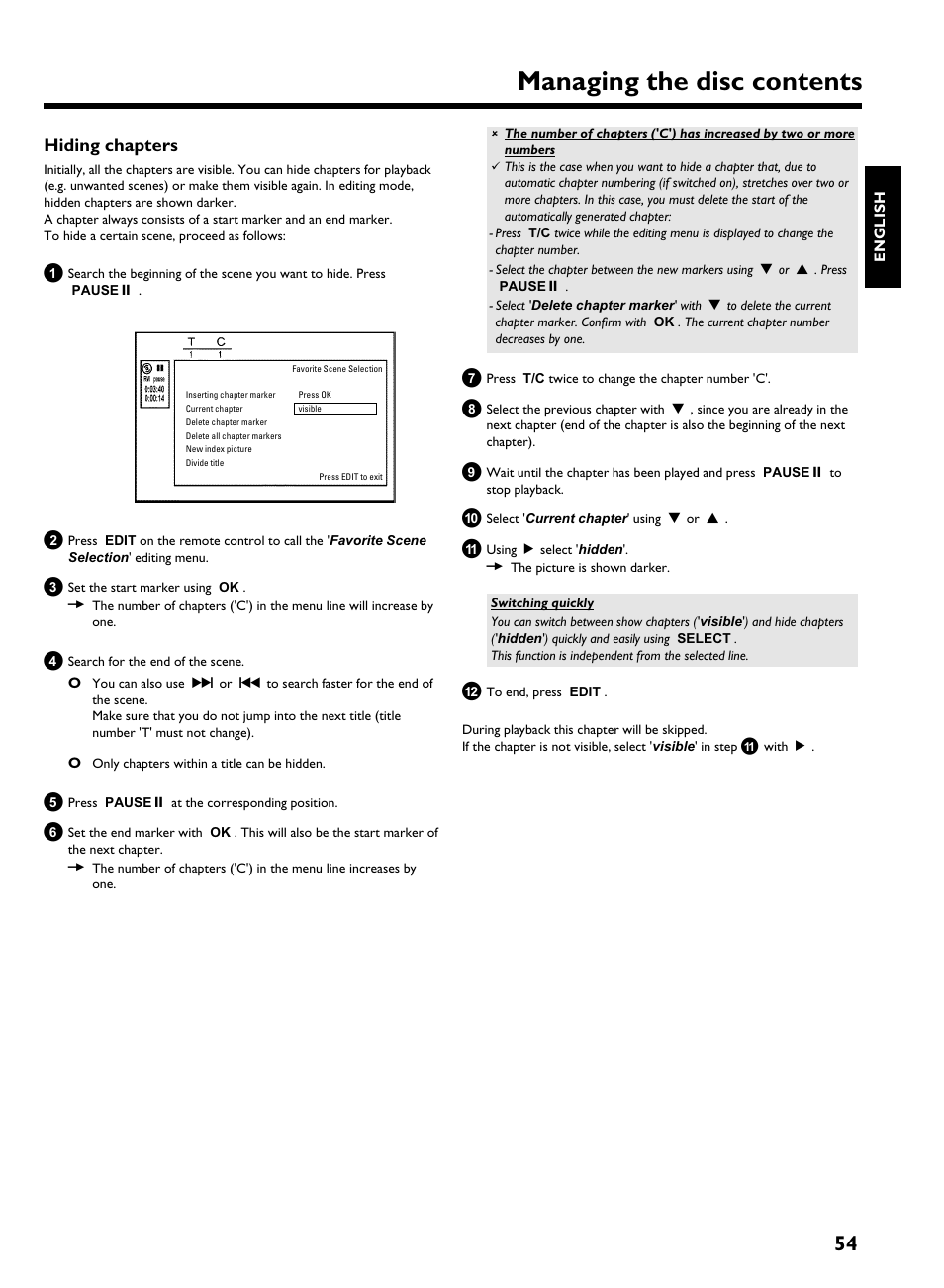 Hiding chapters, Managing the disc contents | Philips HDRW 720/17 User Manual | Page 61 / 90