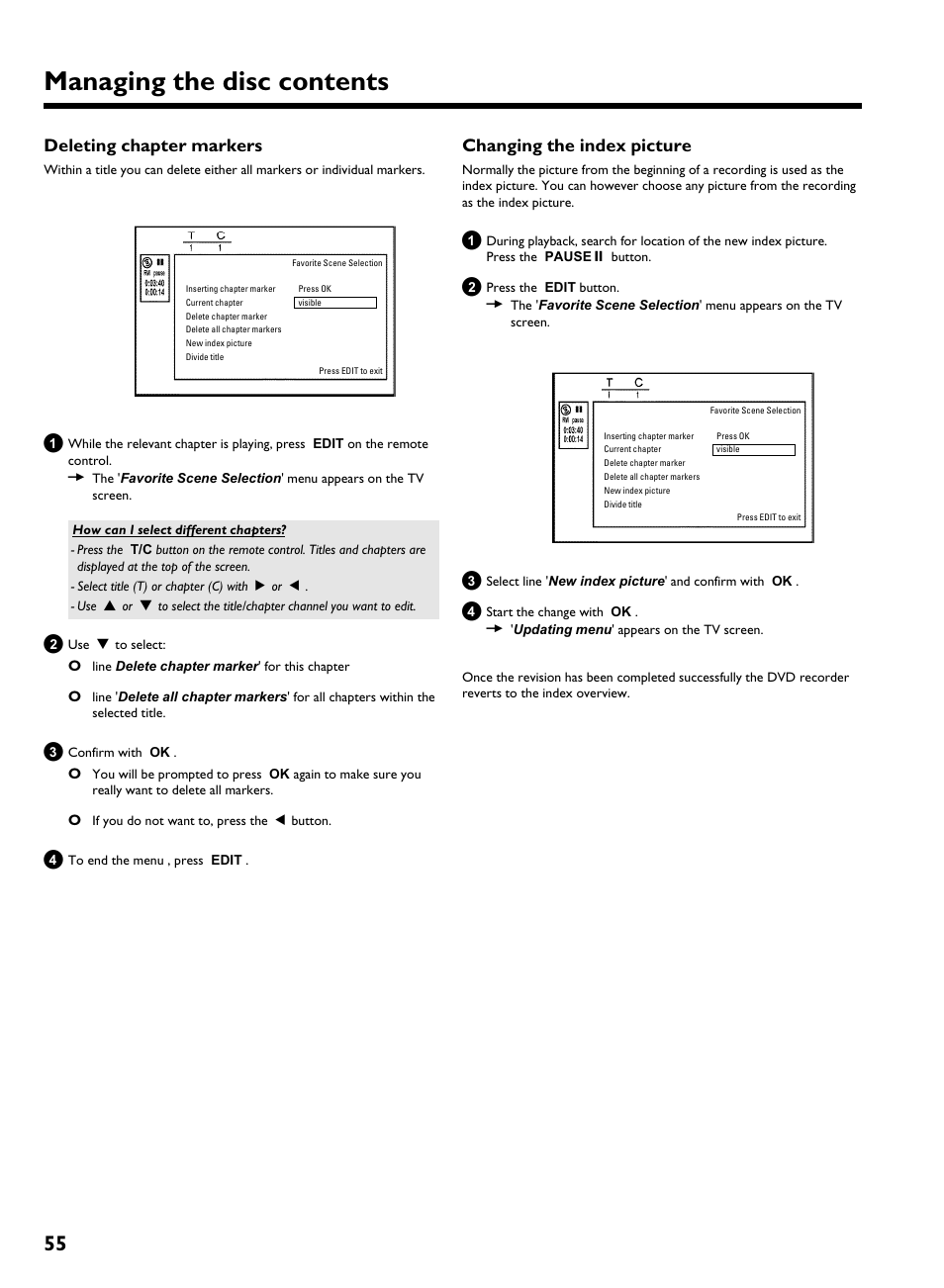 Deleting chapter markers, Changing the index picture, Managing the disc contents | Philips HDRW 720/17 User Manual | Page 62 / 90