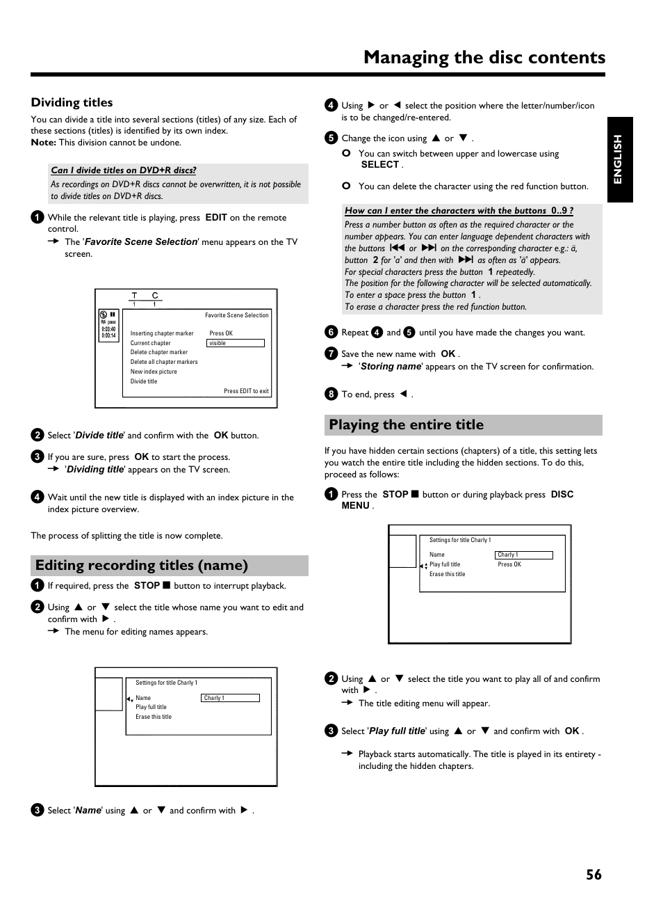 Dividing titles, Editing recording titles (name), Playing the entire title | Managing the disc contents | Philips HDRW 720/17 User Manual | Page 63 / 90