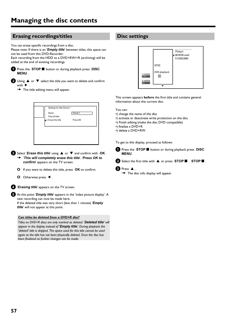 Erasing recordings/titles, Disc settings, Managing the disc contents | 57 erasing recordings/titles | Philips HDRW 720/17 User Manual | Page 64 / 90