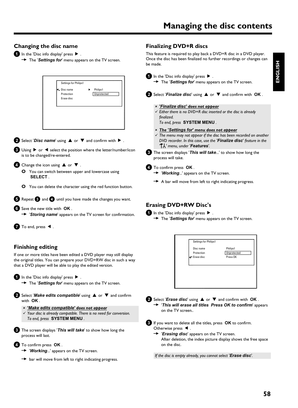 Changing the disc name, Finishing editing, Finalizing dvd+r discs | Erasing dvd+rw disc's, Managing the disc contents | Philips HDRW 720/17 User Manual | Page 65 / 90