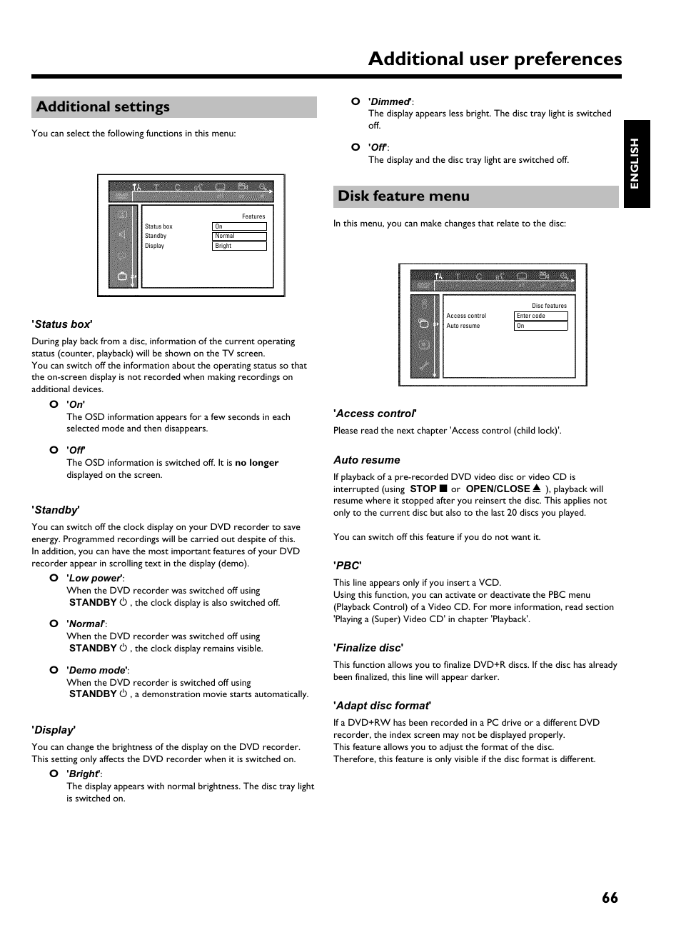 Additional settings, Disk feature menu, Additional user preferences | 66 additional settings | Philips HDRW 720/17 User Manual | Page 73 / 90