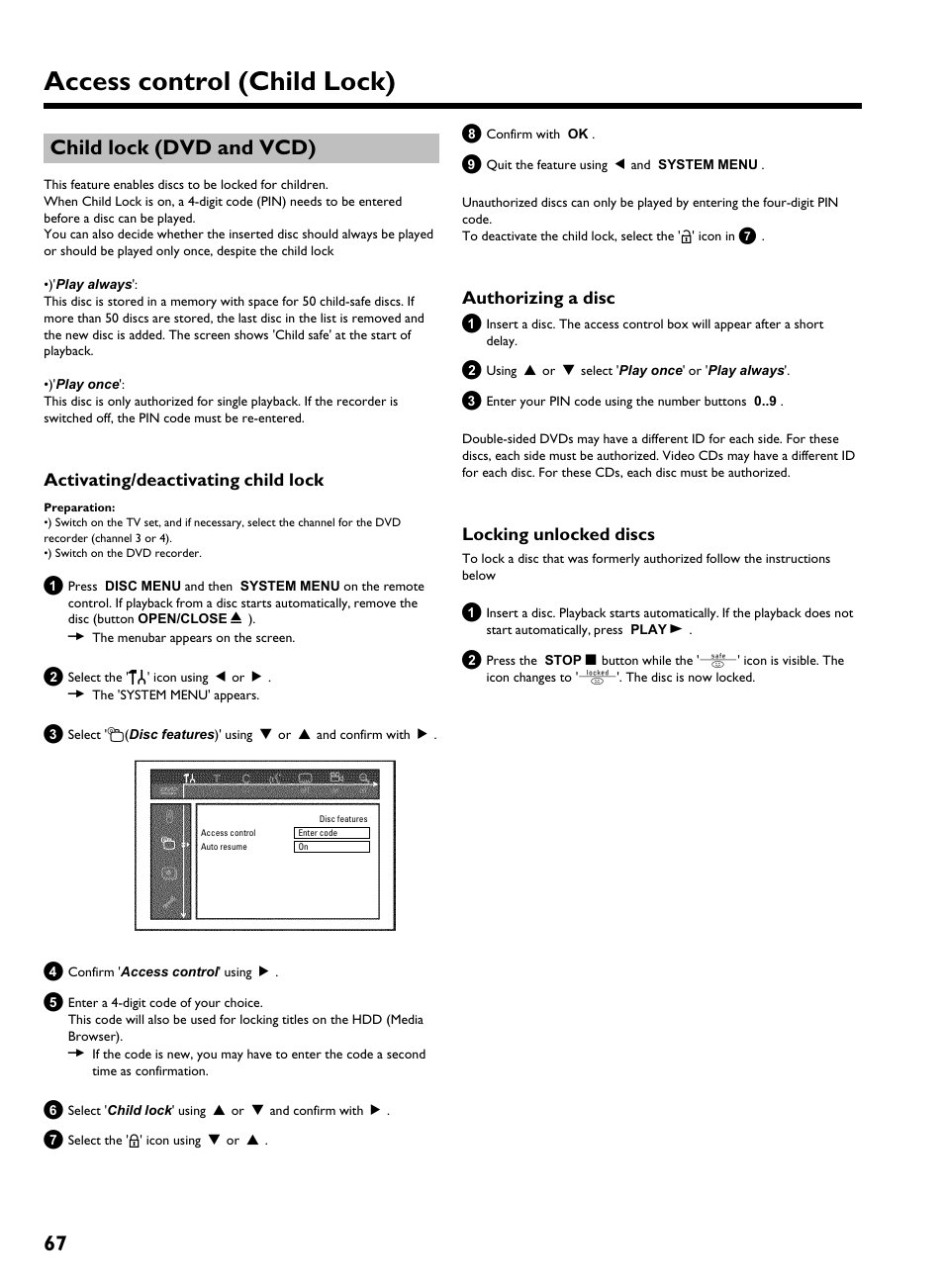 Child lock (dvd and vcd), Activating/deactivating child lock, Authorizing a disc | Locking unlocked discs, Access control (child lock), 67 child lock (dvd and vcd) | Philips HDRW 720/17 User Manual | Page 74 / 90