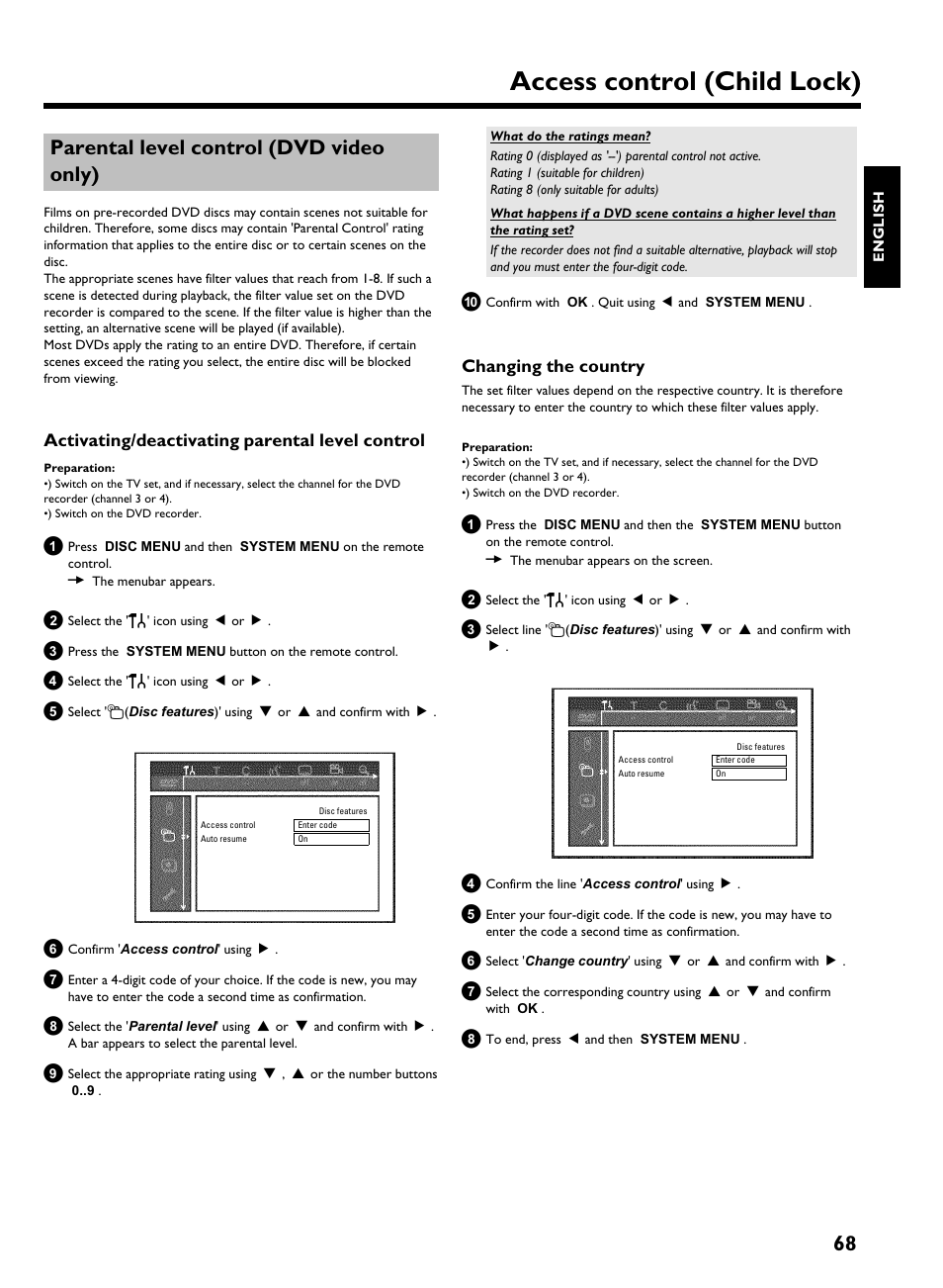 Parental level control (dvd video only), Activating/deactivating parental level control, Changing the country | Access control (child lock), 68 parental level control (dvd video only) | Philips HDRW 720/17 User Manual | Page 75 / 90