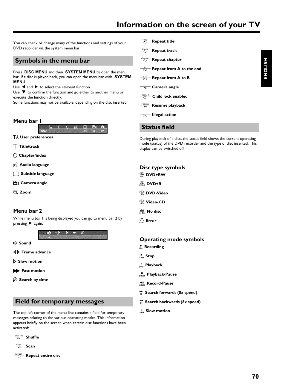 Symbols in the menu bar, Menu bar 1, Menu bar 2 | Field for temporary messages, Status field, Disc type symbols, Operating mode symbols, Information on the screen of your tv | Philips HDRW 720/17 User Manual | Page 77 / 90