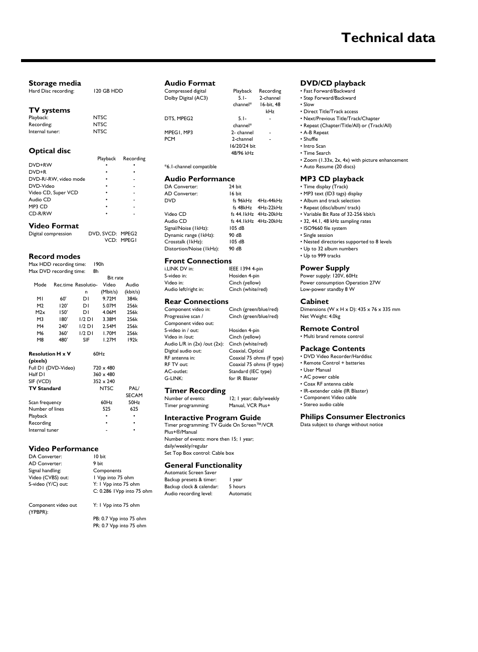 Technical data, Storage media, Tv systems | Optical disc, Video format, Record modes, Video performance, Audio format, Audio performance, Front connections | Philips HDRW 720/17 User Manual | Page 89 / 90