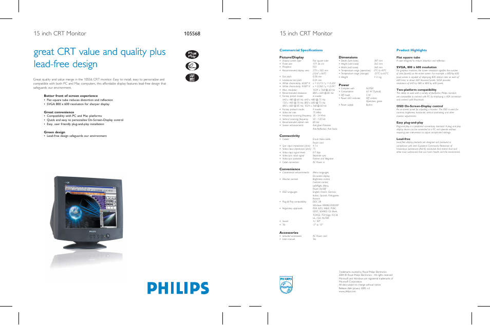 Great crt value and quality plus lead-free design, 15 inch crt monitor, Better front of screen experience | Great convenience, Green design, Product highlights, Picture/display, Connectivity, Convenience, Accessories | Philips 105S68 User Manual | Page 2 / 2