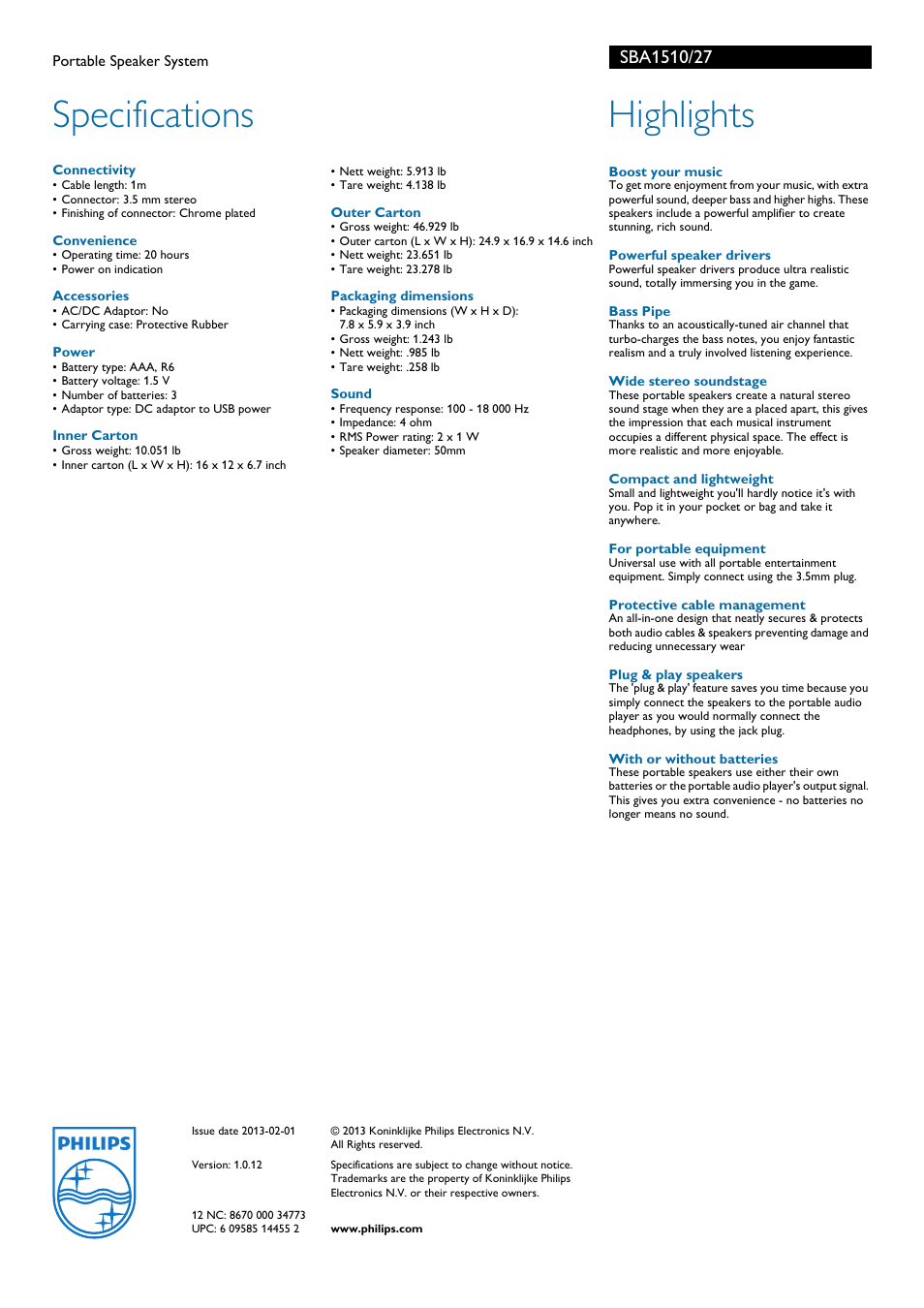 Specifications, Highlights | Philips SBA1510 User Manual | Page 2 / 2