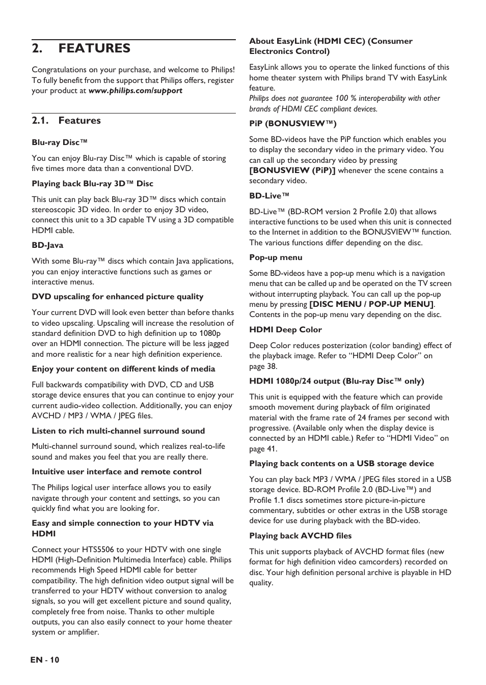 Features, E important, Time s | Switc | Philips HTS5506/F8 User Manual | Page 10 / 68