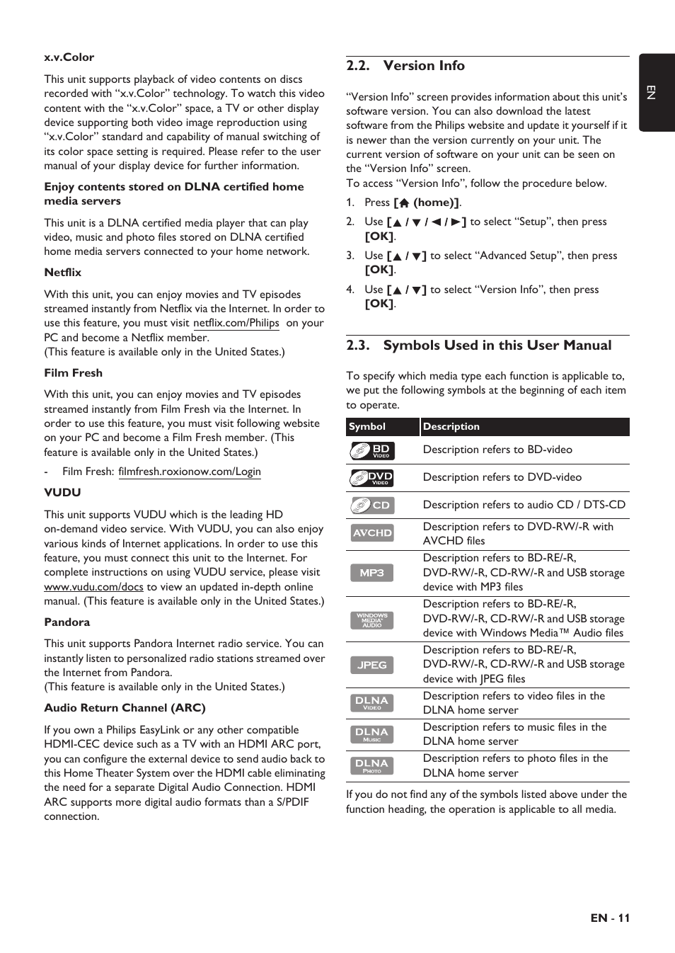 Version info, Symbols used in this user manual, Lied accessories trademark information | Switc | Philips HTS5506/F8 User Manual | Page 11 / 68