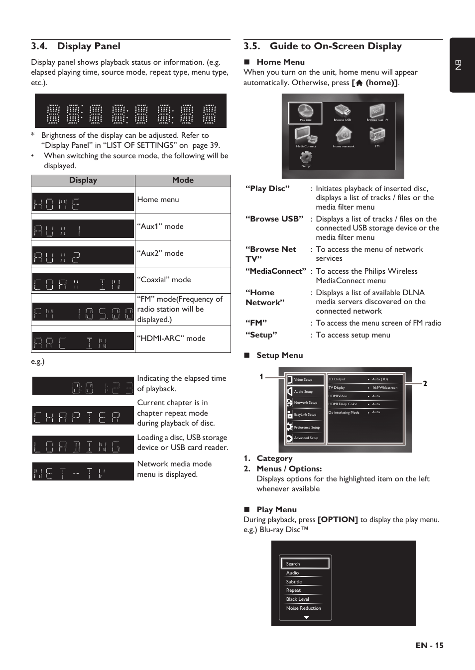 Display panel, Guide to on-screen display, Functional overview | Before using ne, En - 15 en | Philips HTS5506/F8 User Manual | Page 15 / 68