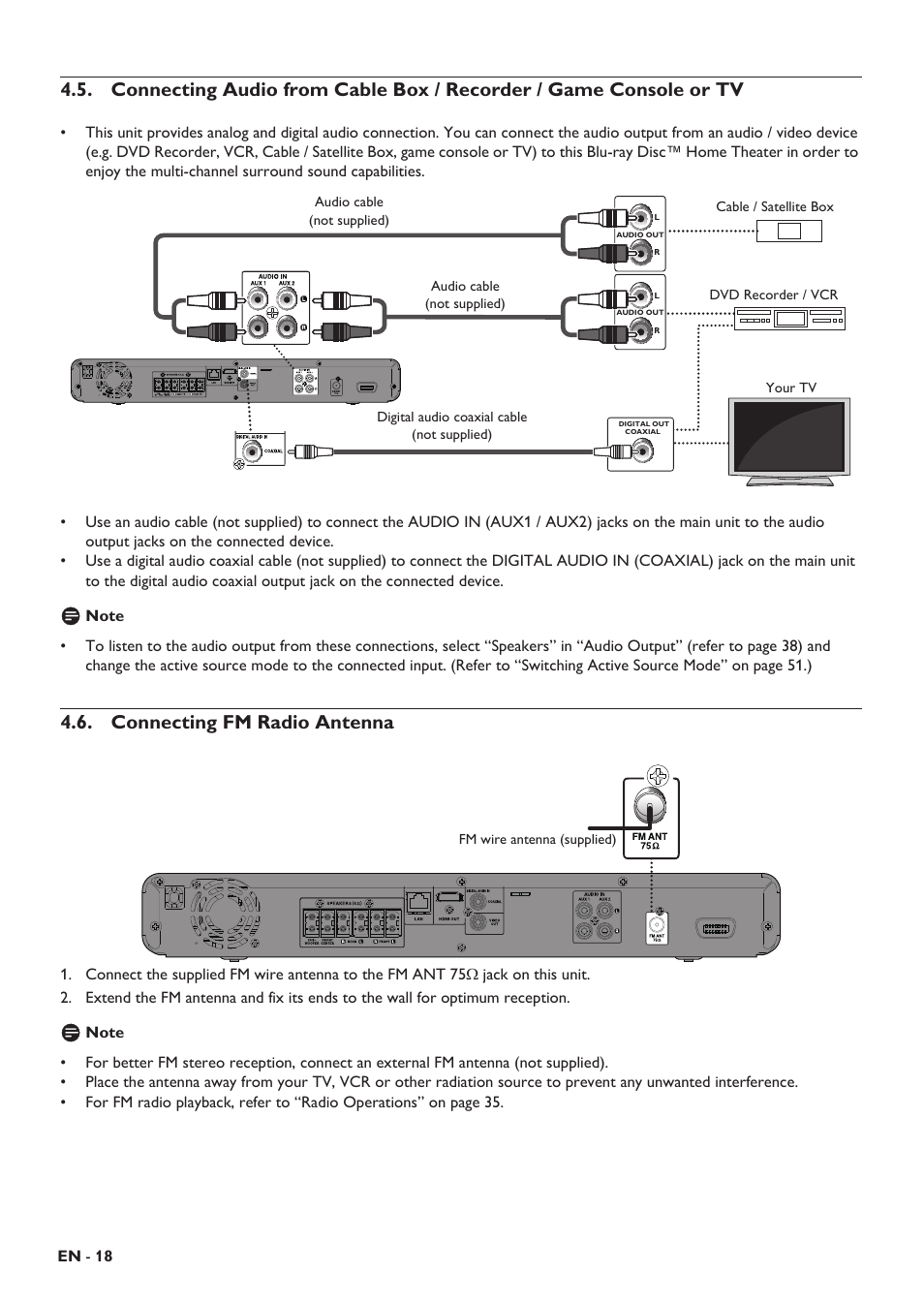 Connecting fm radio antenna, Connections, Acing the speakers connection to the tv | List of | Philips HTS5506/F8 User Manual | Page 18 / 68
