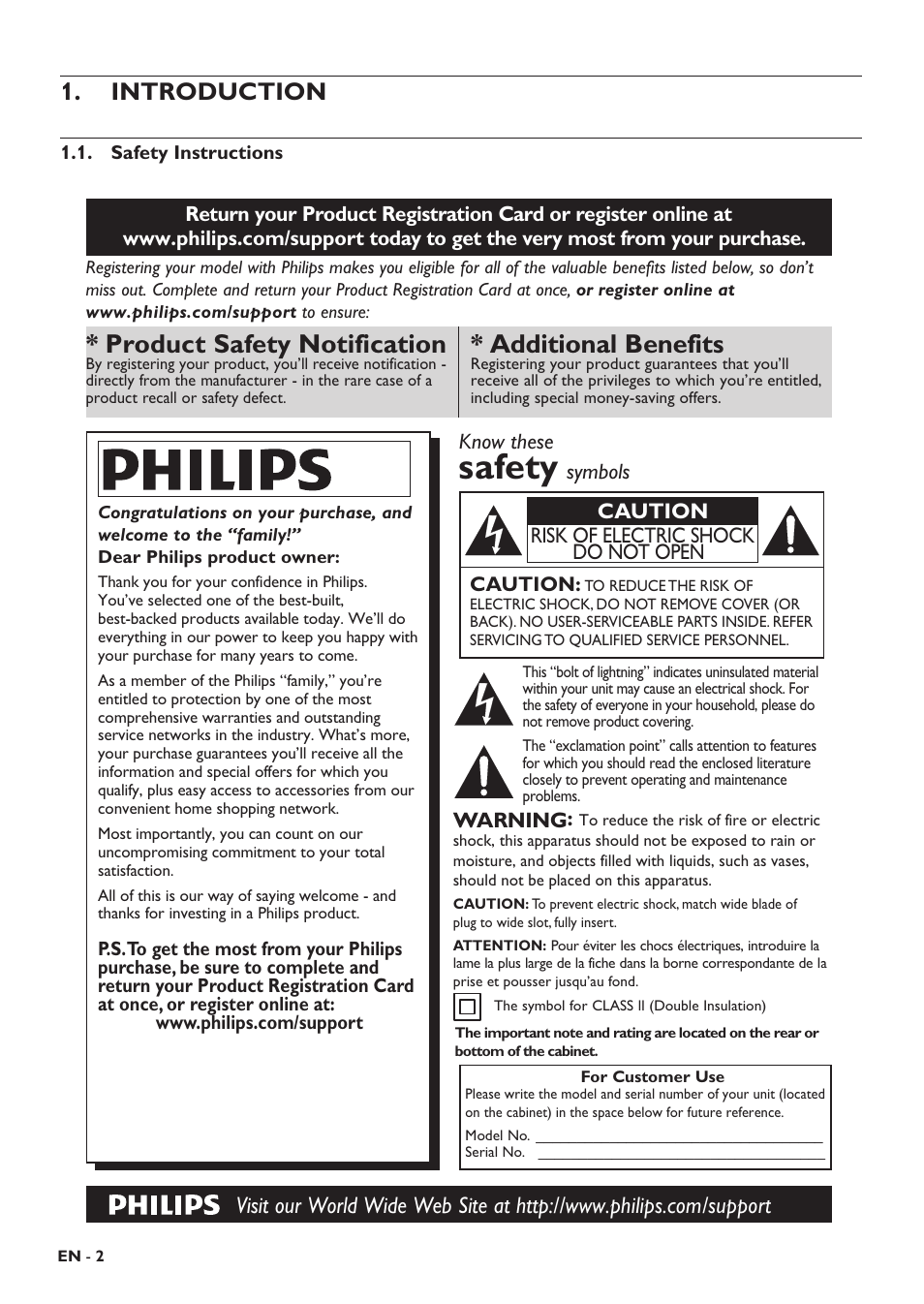 Introduction, Safety instructions, Safety | Additional benefits, Product safety notification | Philips HTS5506/F8 User Manual | Page 2 / 68