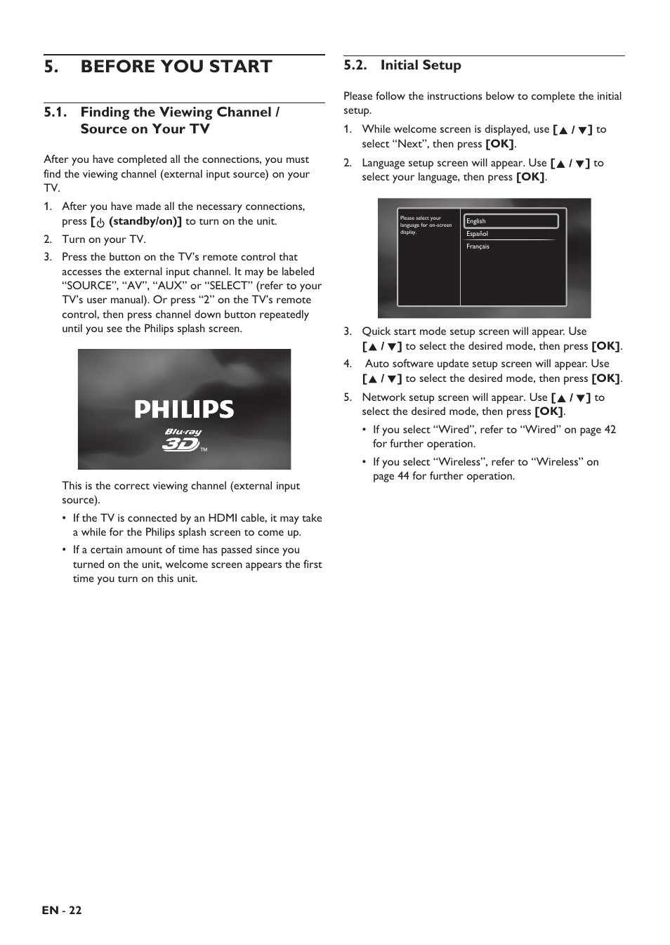 Before you start, Finding the viewing channel / source on your tv, Initial setup | Game console or tv connecting fm radio antenna, Output from hdmi out jack, Hdmi | Philips HTS5506/F8 User Manual | Page 22 / 68