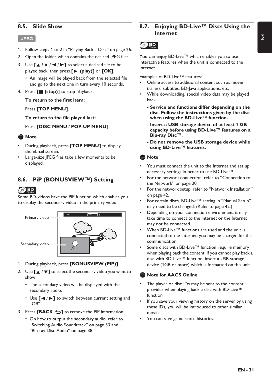 Slide show, Pip (bonusview™) setting, Enjoying bd-live™ discs using the internet | Philips HTS5506/F8 User Manual | Page 31 / 68