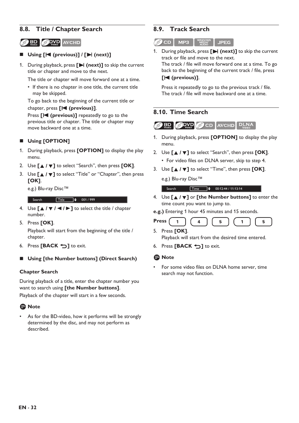 Title / chapter search, Track search, Time search | Playback | Philips HTS5506/F8 User Manual | Page 32 / 68