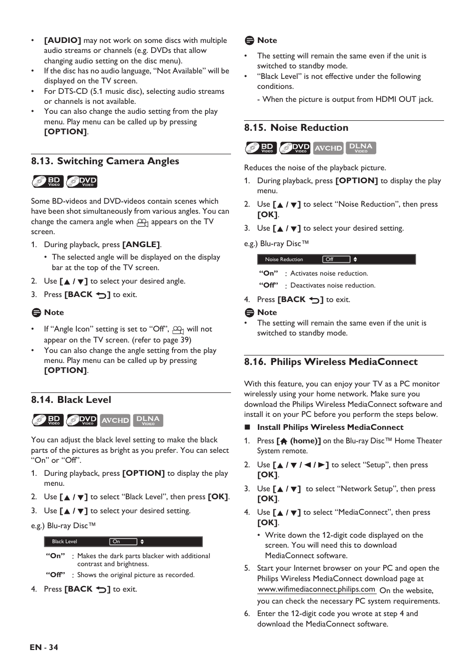 Switching camera angles, Black level, Noise reduction | Philips wireless mediaconnect, Chapter search, Ck search, Earch, Hing subtitles | Philips HTS5506/F8 User Manual | Page 34 / 68