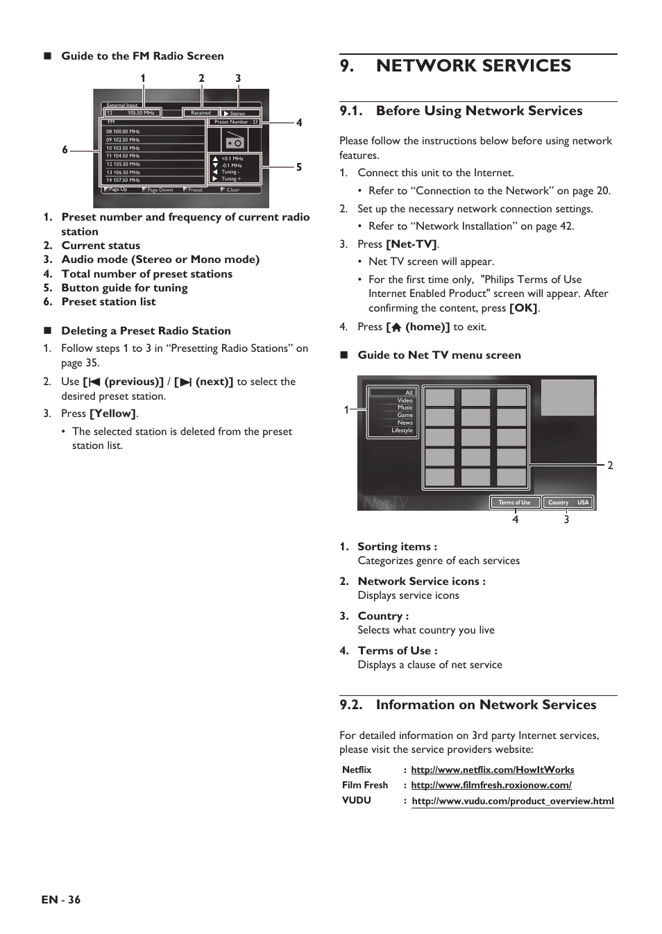 Network services, Before using network services, Information on network services | K level, Ise reduction, Ps wireless mediaconnect | Philips HTS5506/F8 User Manual | Page 36 / 68